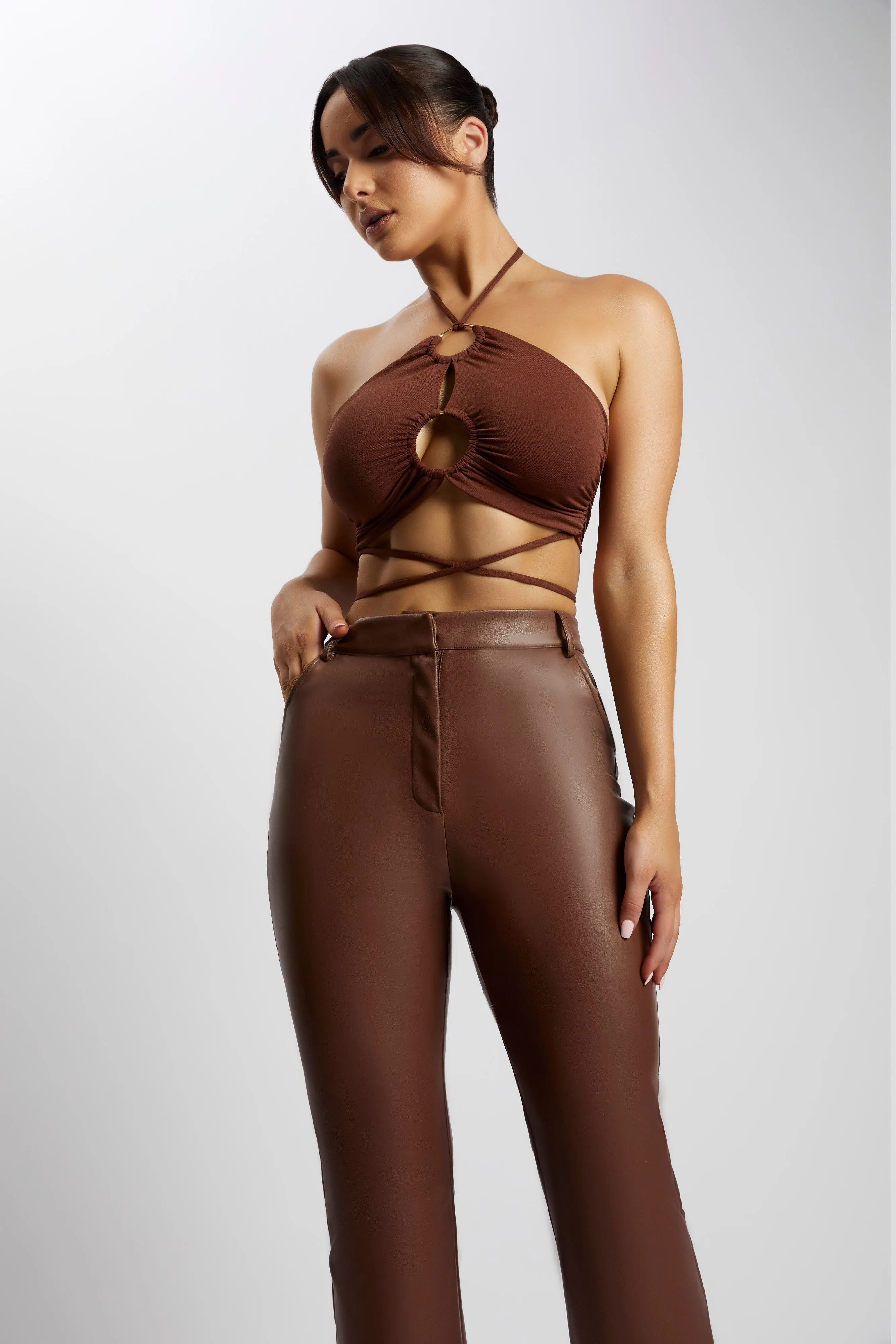 Sabrina Ruched Halter Crop Top - Chocolate sold by Meshki product image thumbnail 4