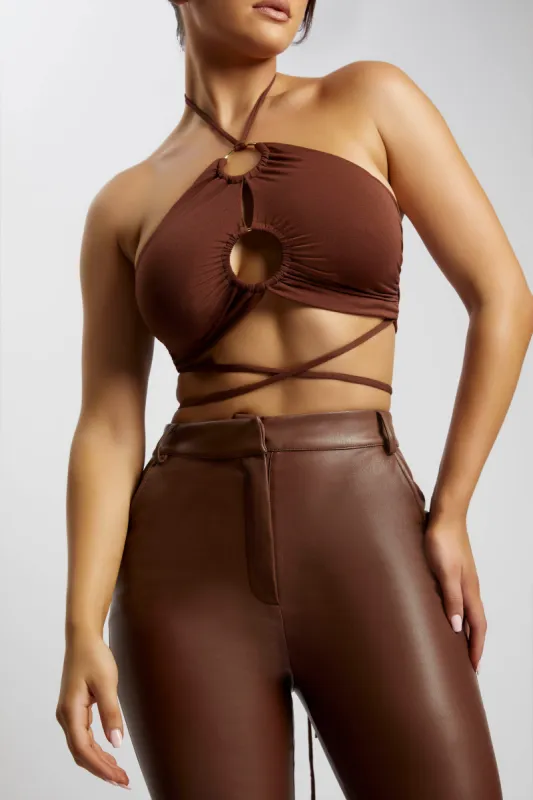 Sabrina Ruched Halter Crop Top - Chocolate sold by Meshki