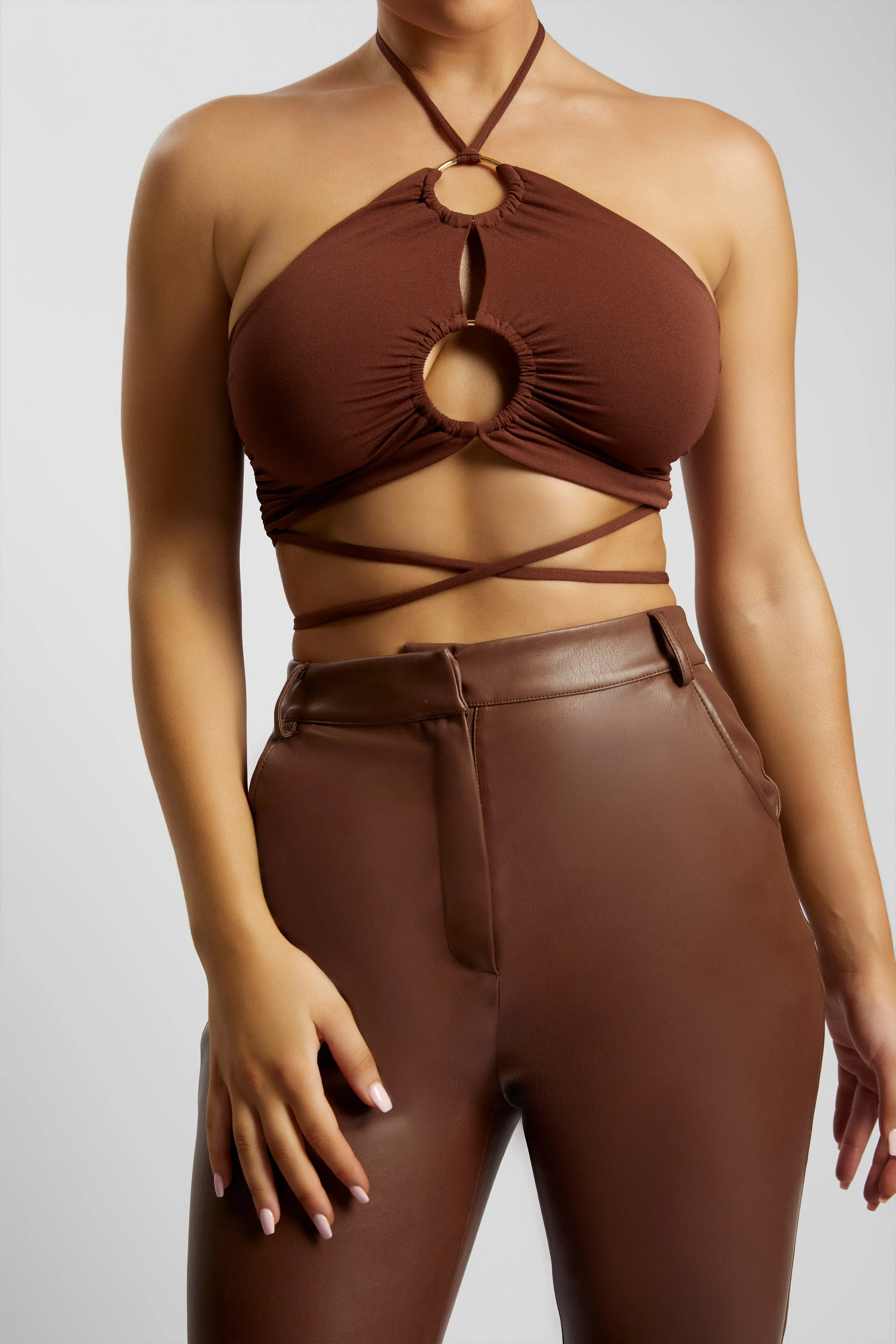 Sabrina Ruched Halter Crop Top - Chocolate sold by Meshki product image thumbnail 3