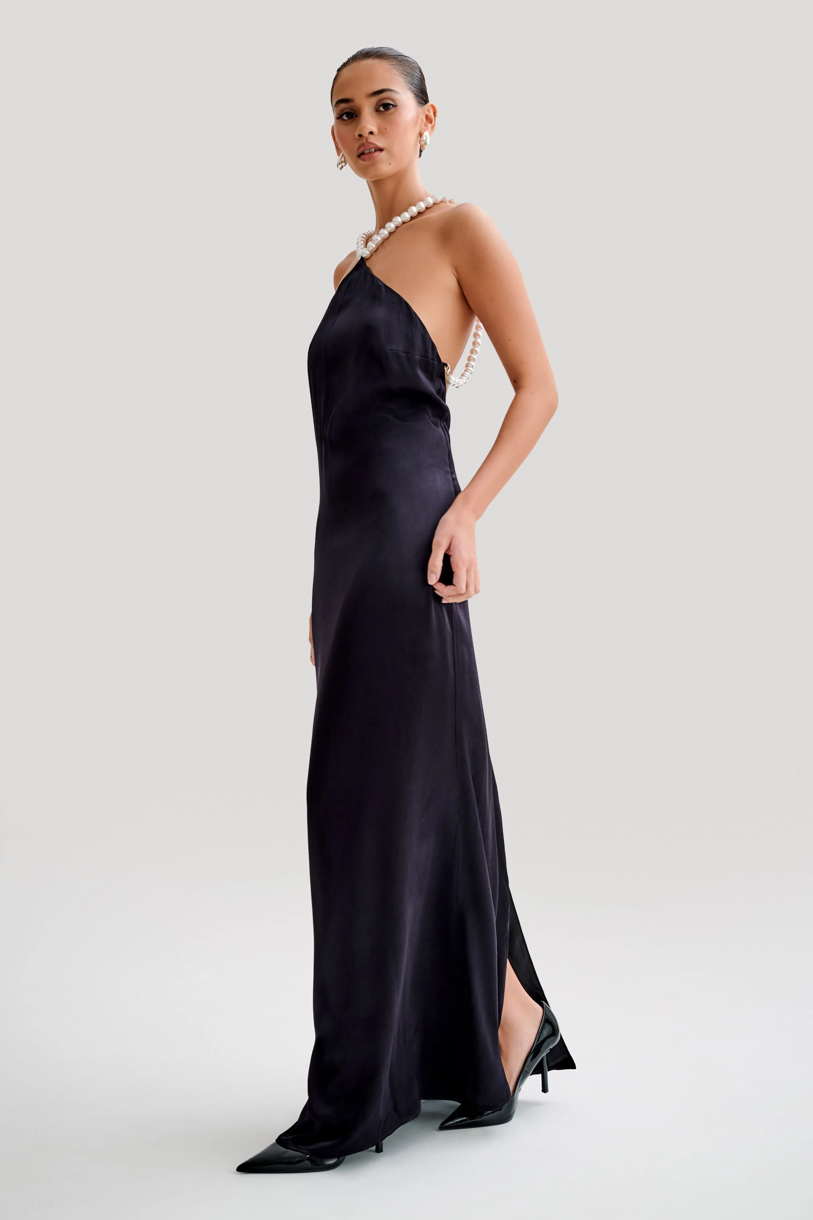 Blanche Satin Pearl Halter Maxi Dress - Black sold by Meshki product image thumbnail 5