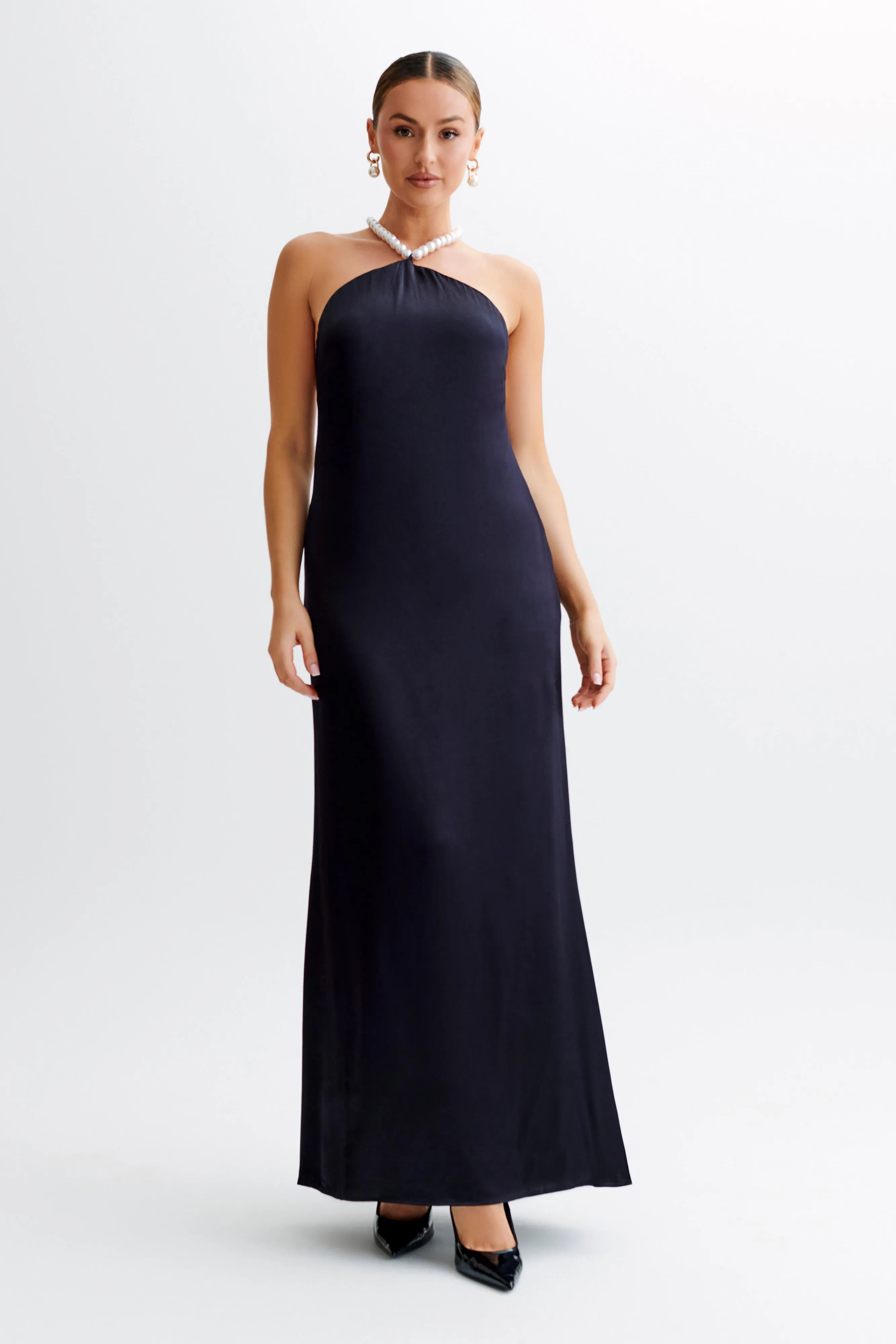 Blanche Satin Pearl Halter Maxi Dress - Black sold by Meshki product image thumbnail 2