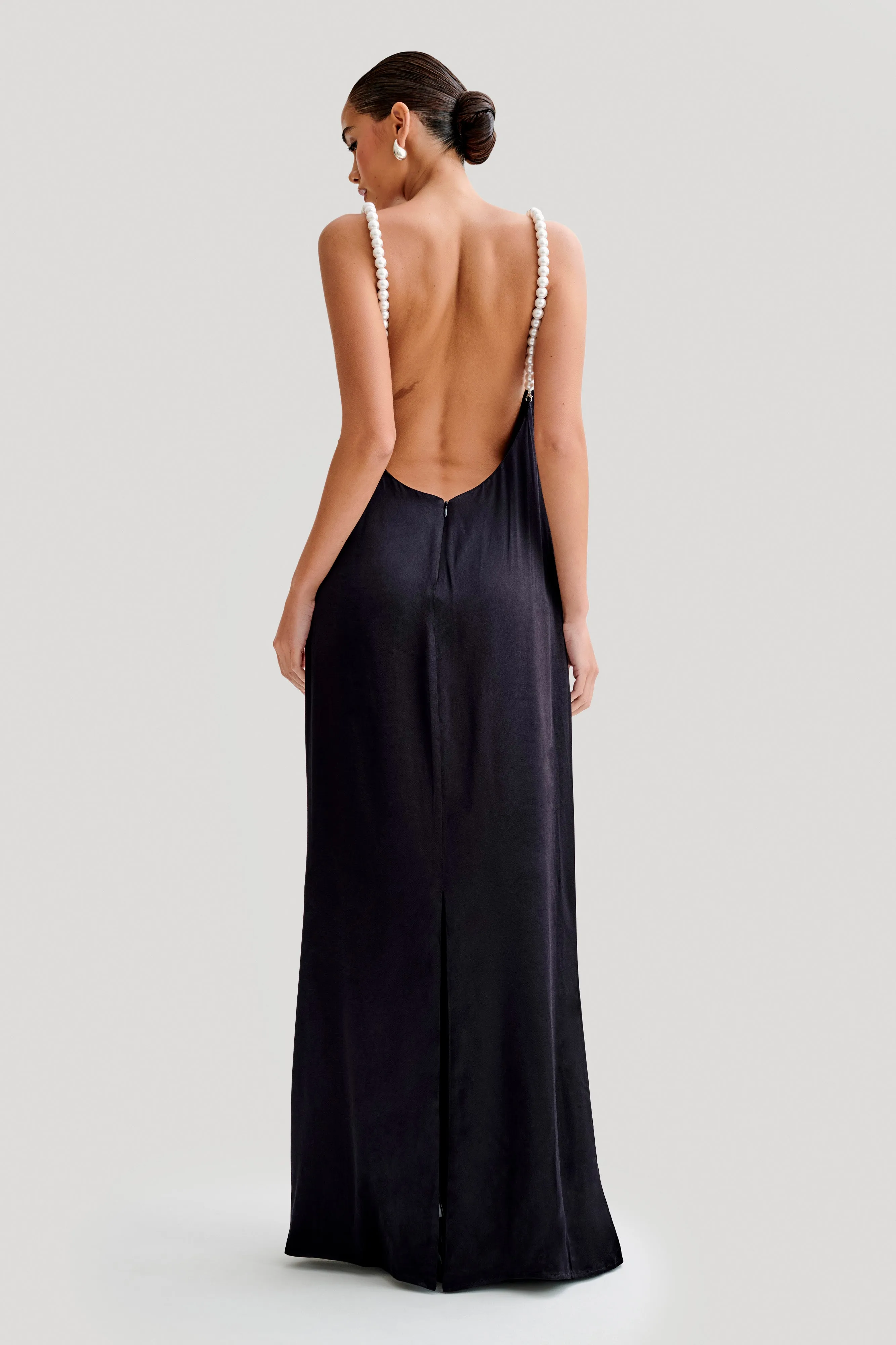 Blanche Satin Pearl Halter Maxi Dress - Black sold by Meshki product image thumbnail 4