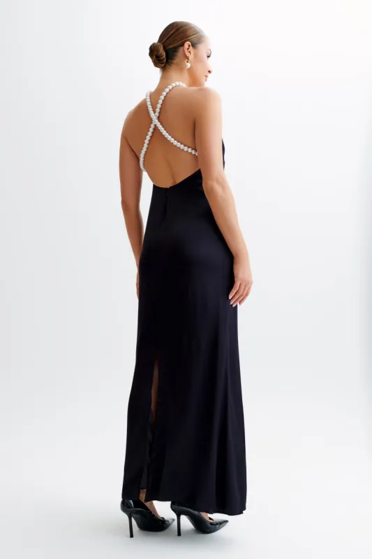 Blanche Satin Pearl Halter Maxi Dress - Black sold by Meshki