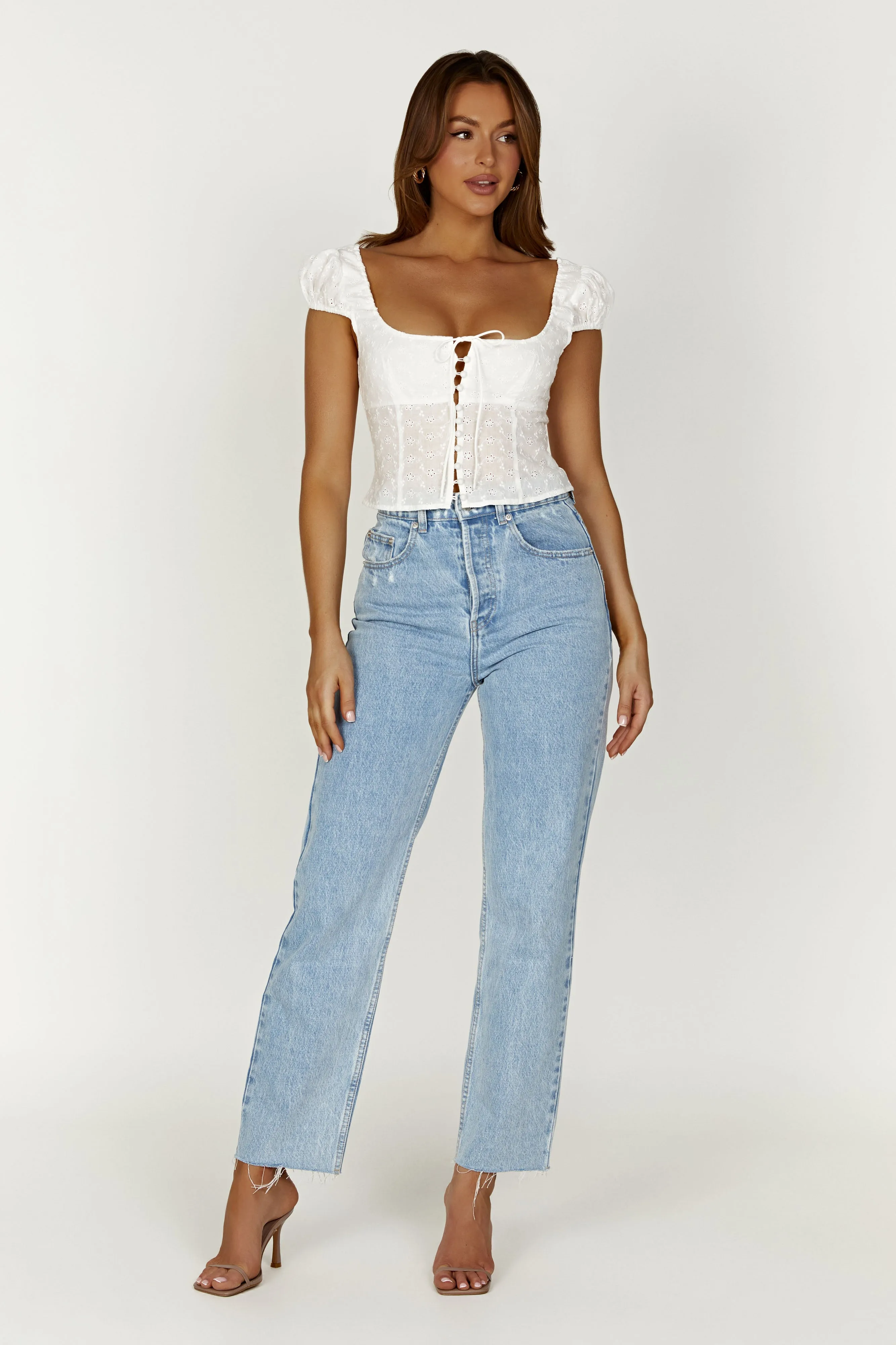 Cressida Cotton Anglaise Puff Sleeve Top - White sold by Meshki product image thumbnail 4