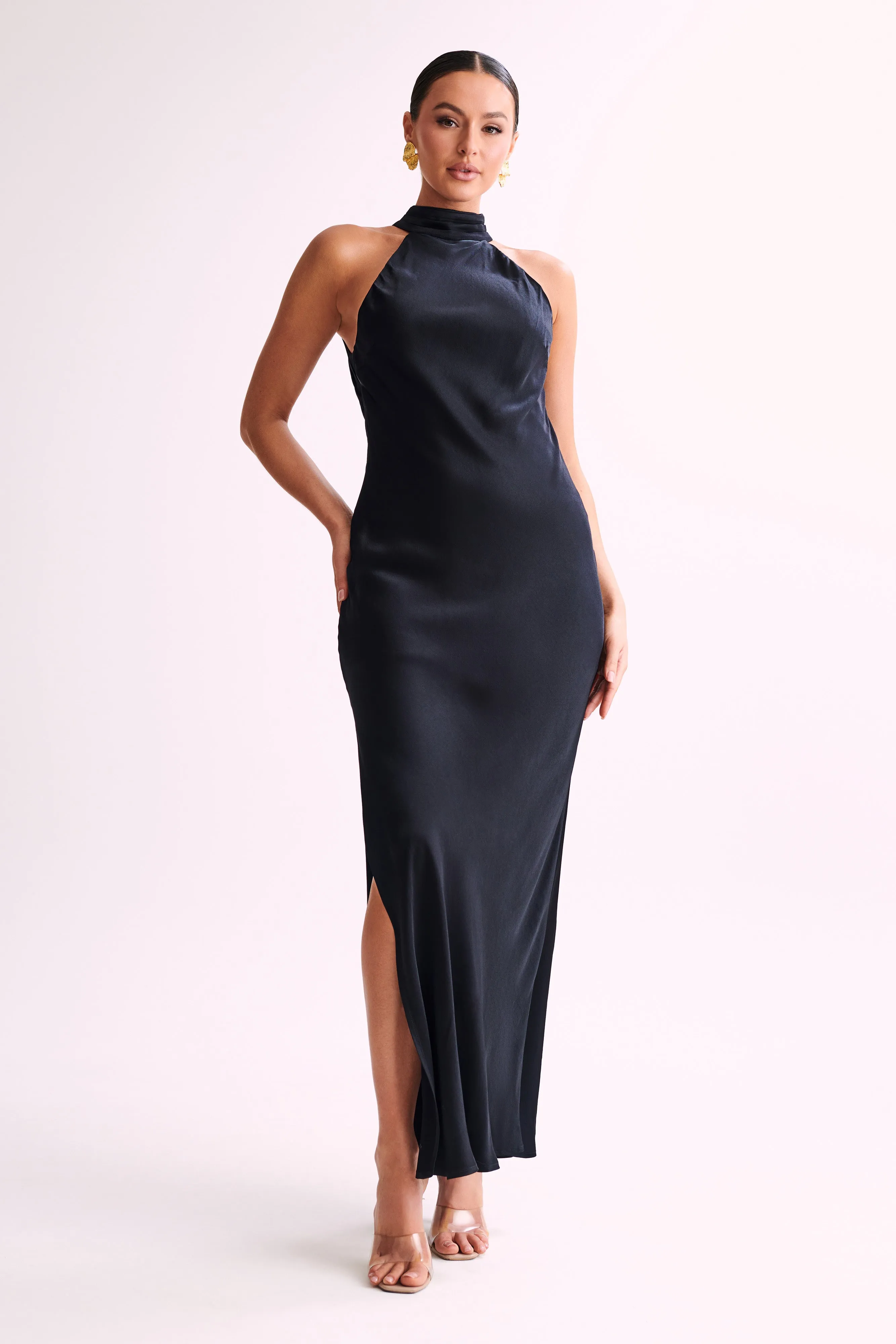 Claire Satin Drape Back Maxi Dress with Split - Black sold by Meshki product image thumbnail 5