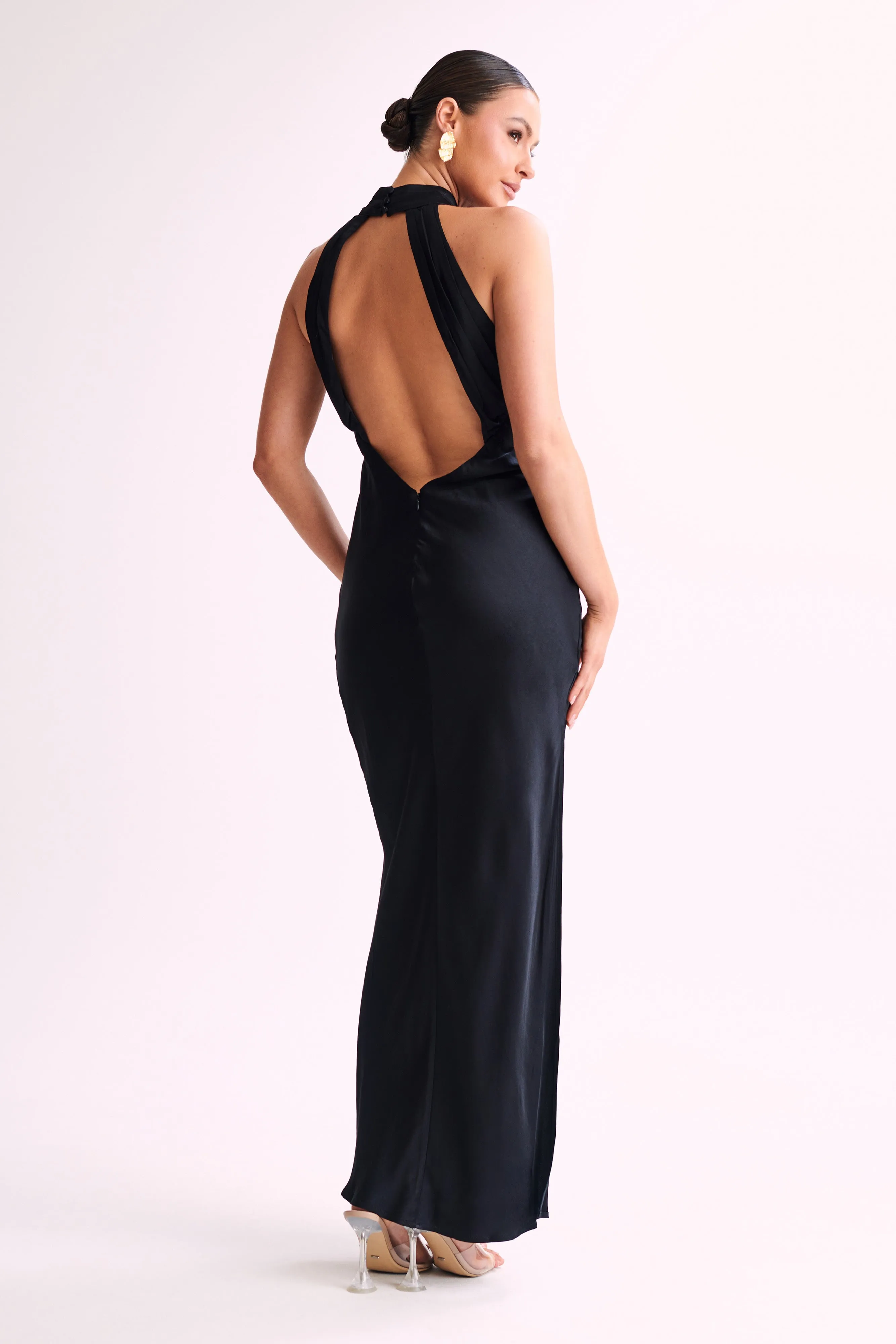 Claire Satin Drape Back Maxi Dress with Split - Black sold by Meshki product image thumbnail 4