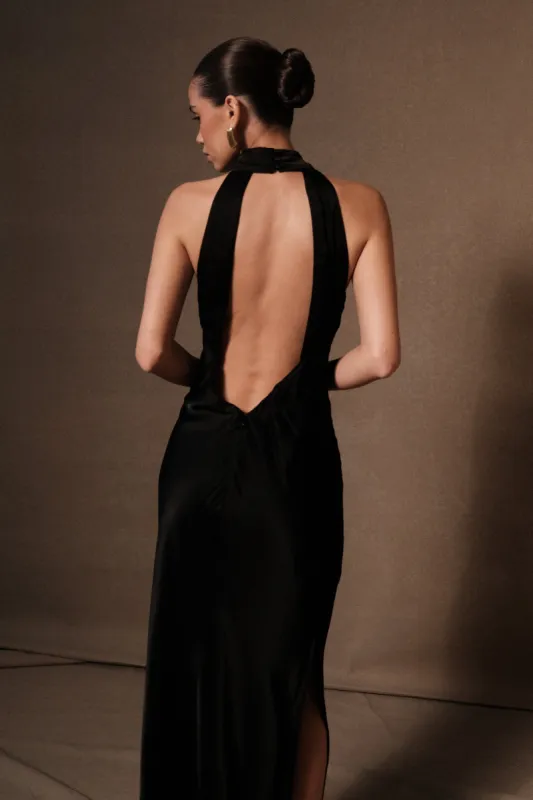 Claire Satin Drape Back Maxi Dress with Split - Black sold by Meshki