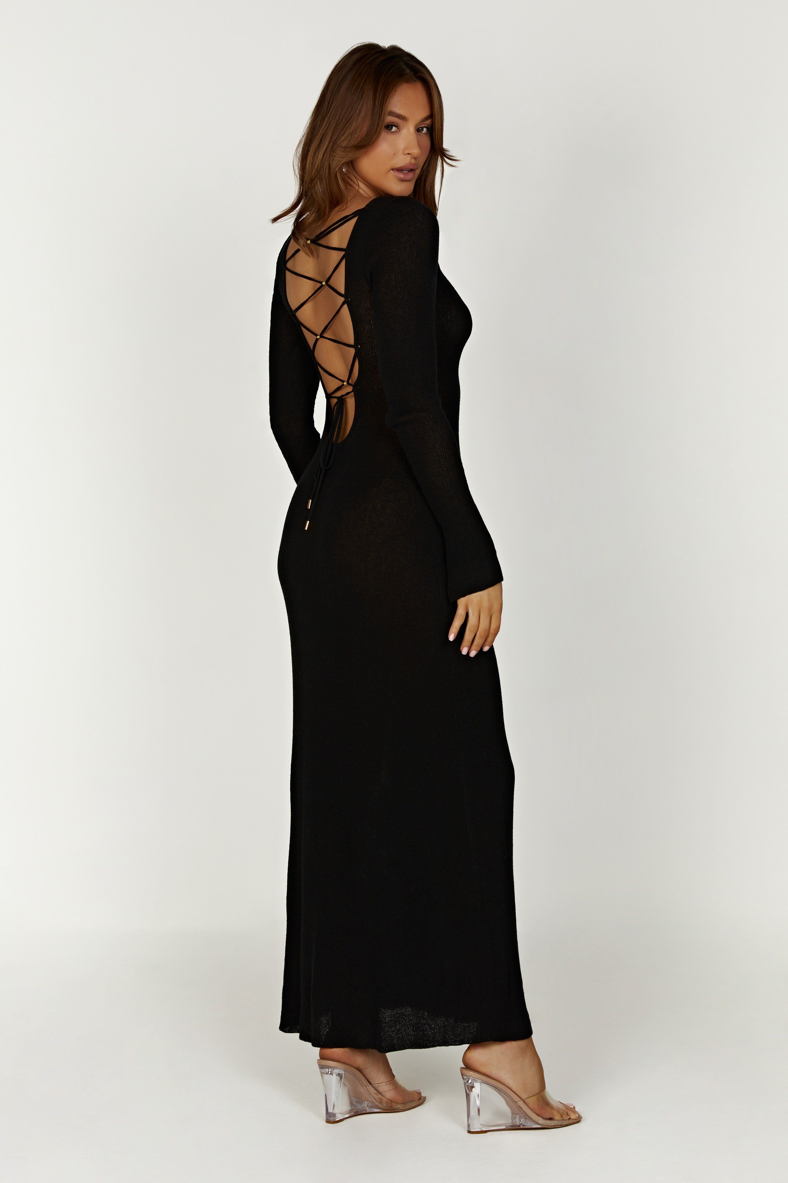 Talia Maxi Open Back Knit Dress - Black sold by Meshki