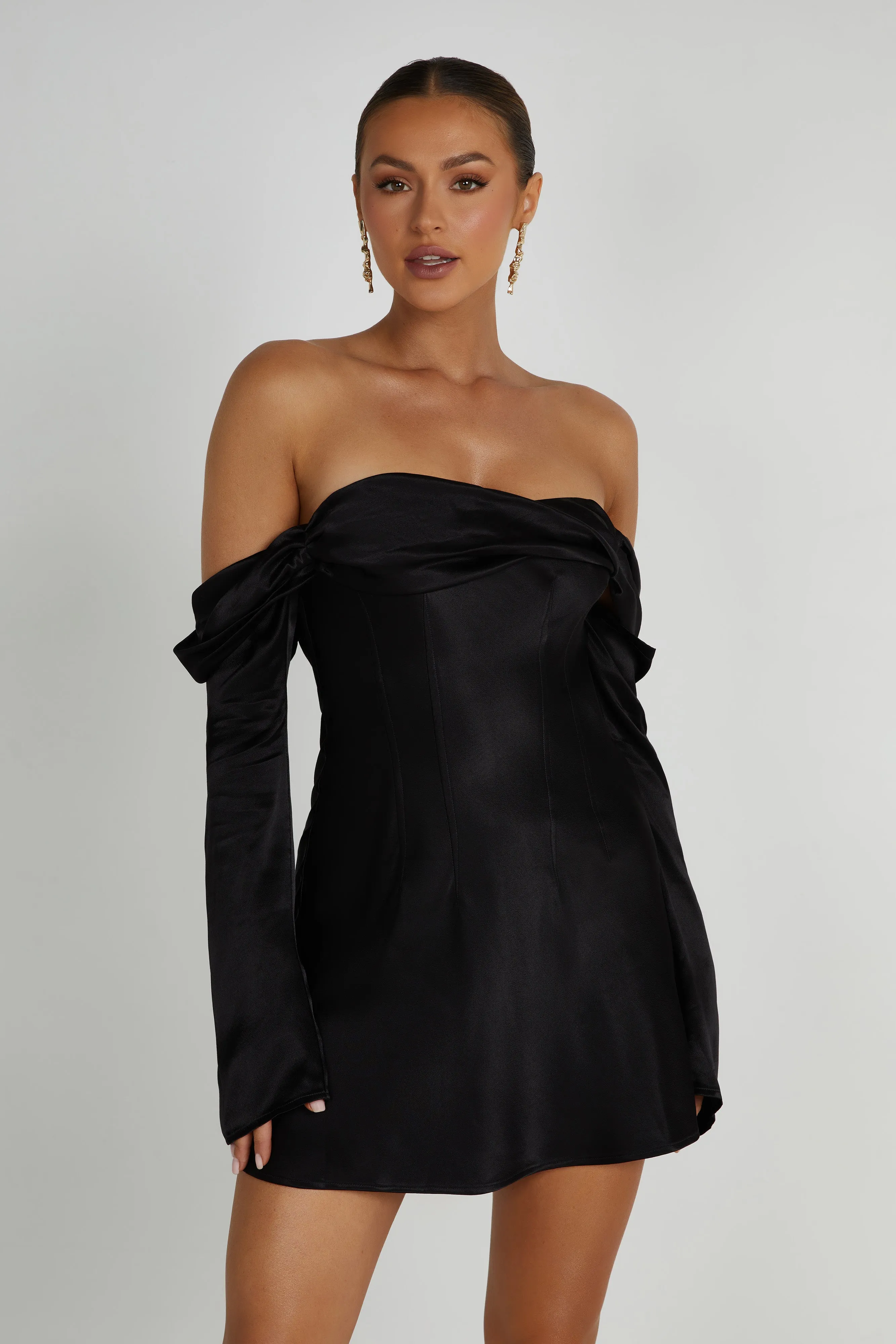 Giselle Off Shoulder Satin Mini Dress - Black sold by Meshki