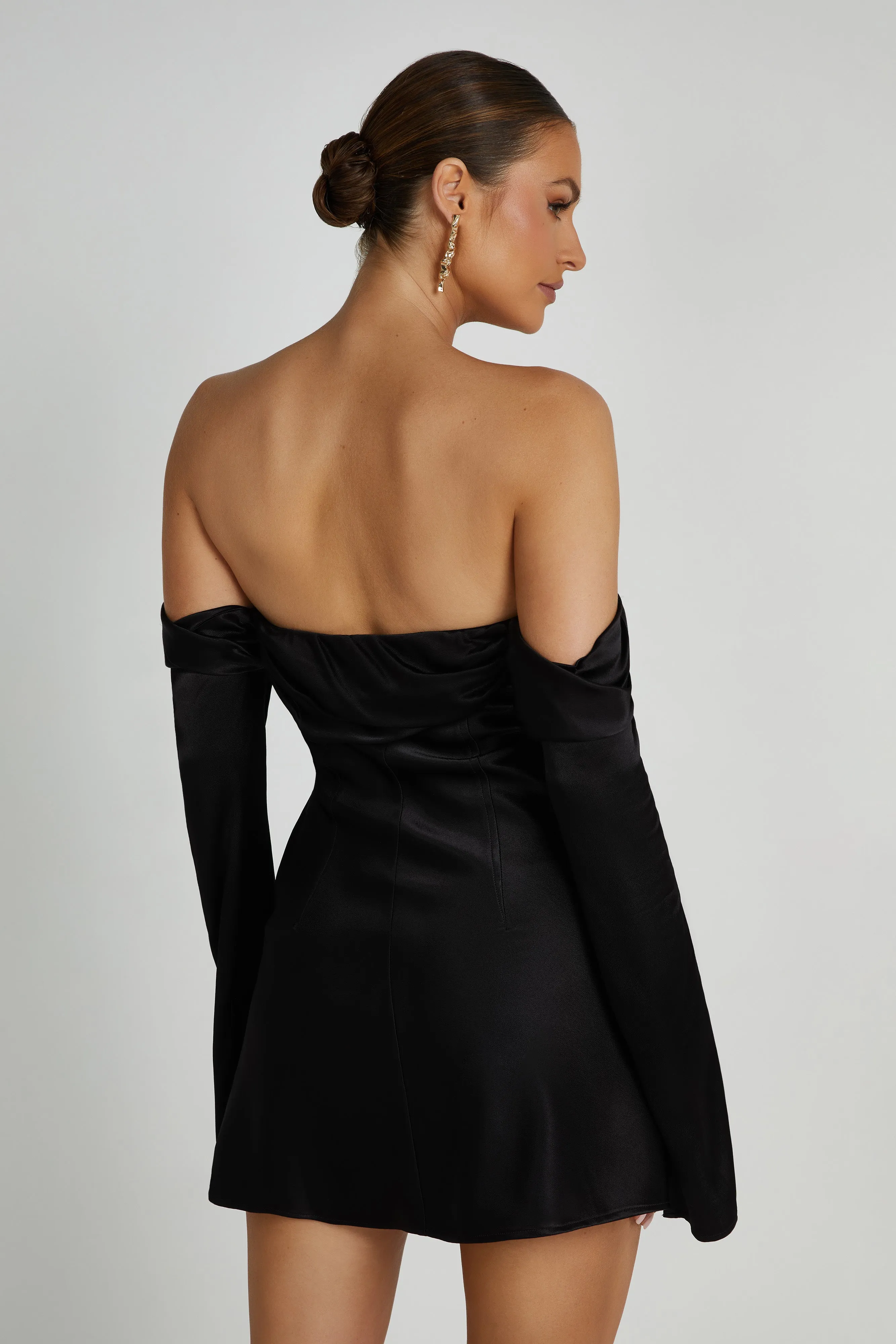 Giselle Off Shoulder Satin Mini Dress - Black sold by Meshki product image thumbnail 2