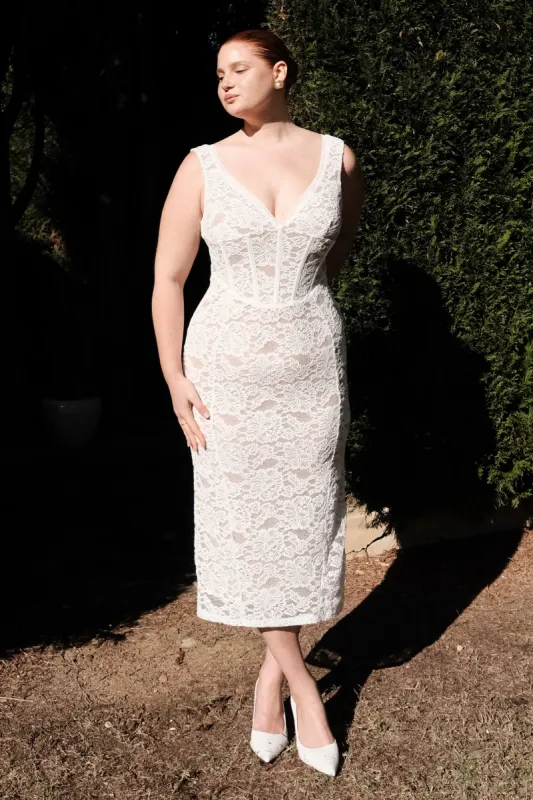 Doria Lace Plisse Midi Dress - Ivory sold by Meshki
