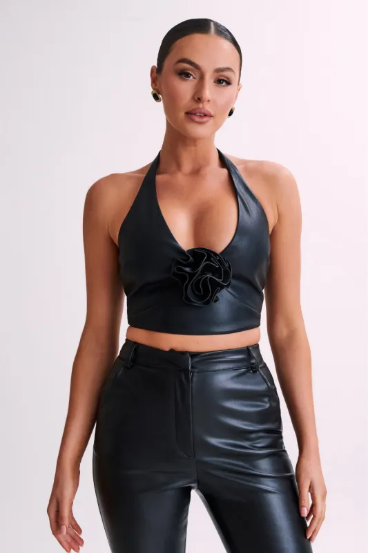 Ursla Faux Leather Rose Halter Top - Black made by Meshki