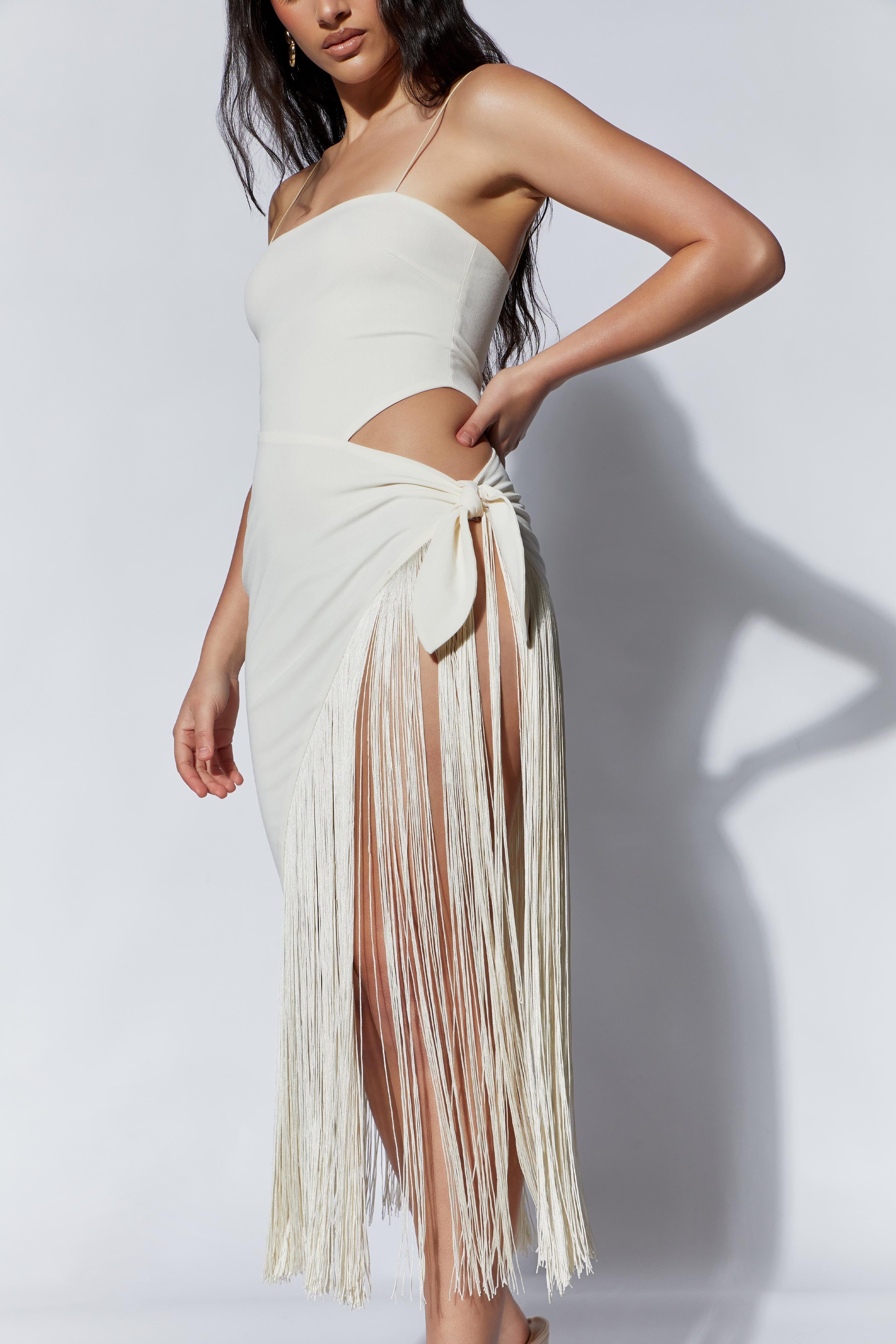 Yasmin Wrap Over Midi Dress With Fringing - Bone sold by Meshki product image thumbnail 7
