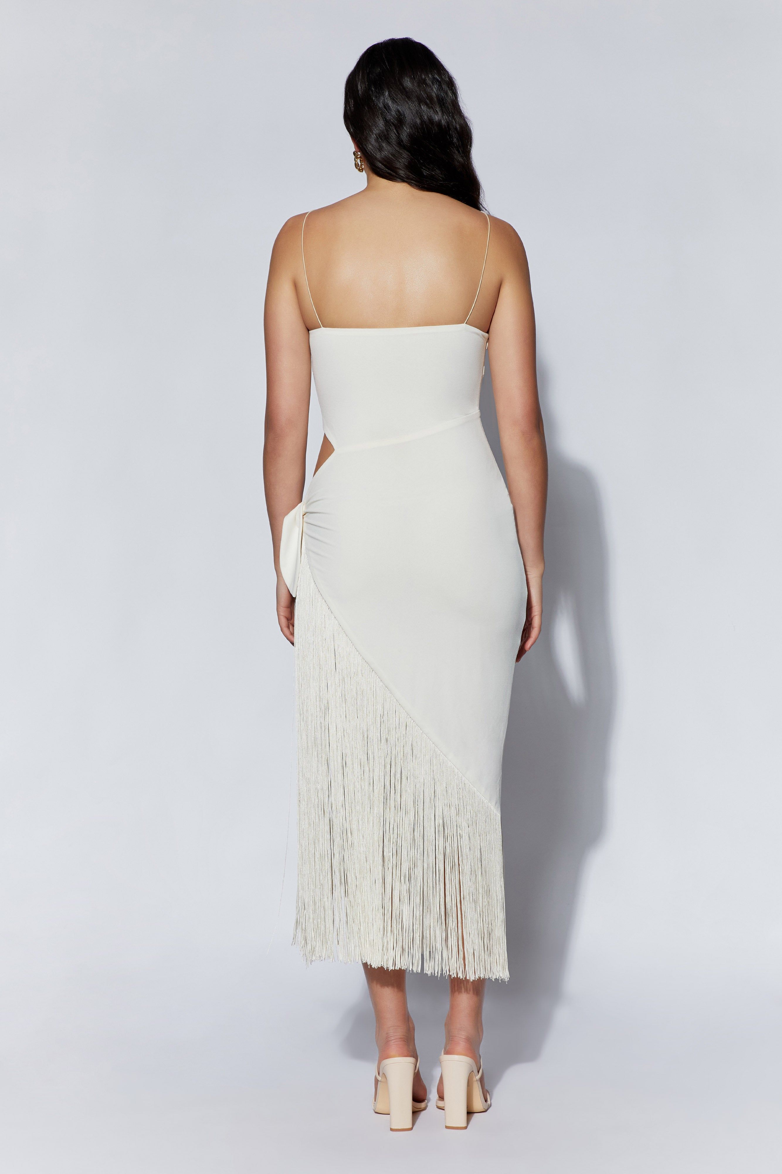 Yasmin Wrap Over Midi Dress With Fringing - Bone sold by Meshki product image thumbnail 3