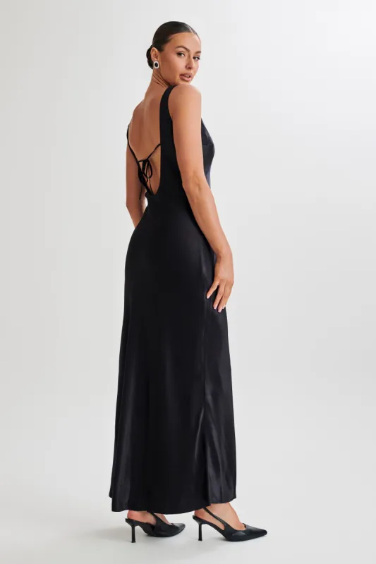 Annalise Satin Maxi Dress With Tie - Black sold by Meshki