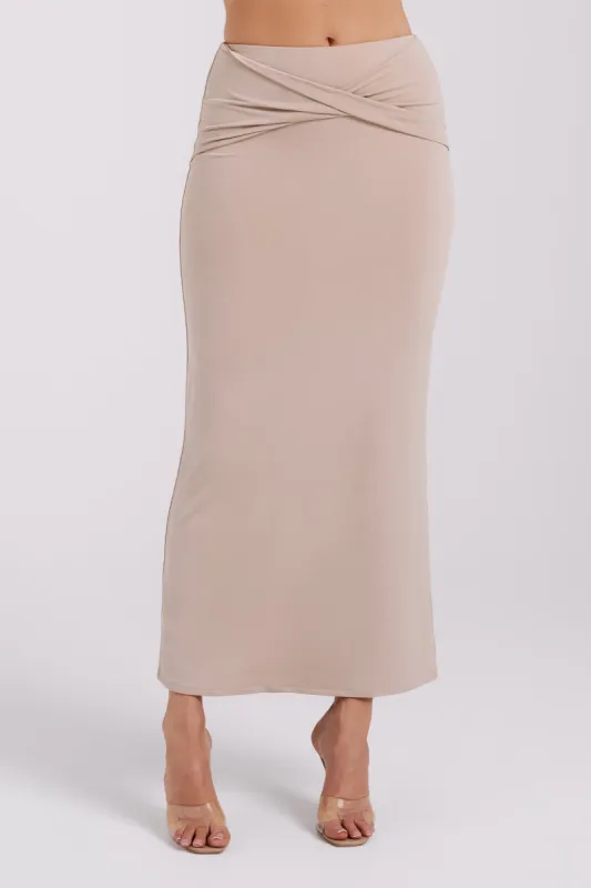 Ceri Maxi Twist Skirt - Taupe sold by Meshki