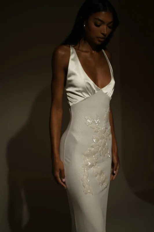 Maya Beaded Mesh Maxi Dress - White sold by Meshki