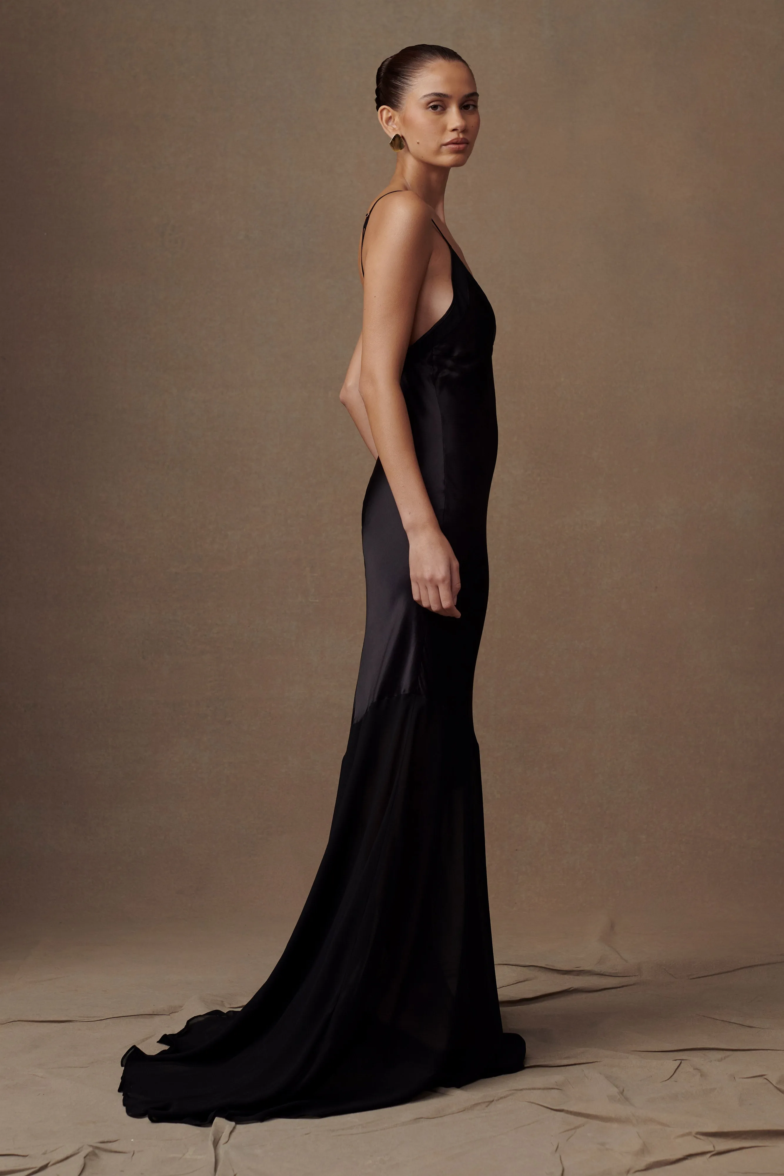Evelyn Iridescent Satin Maxi Dress - Black sold by Meshki product image thumbnail 4