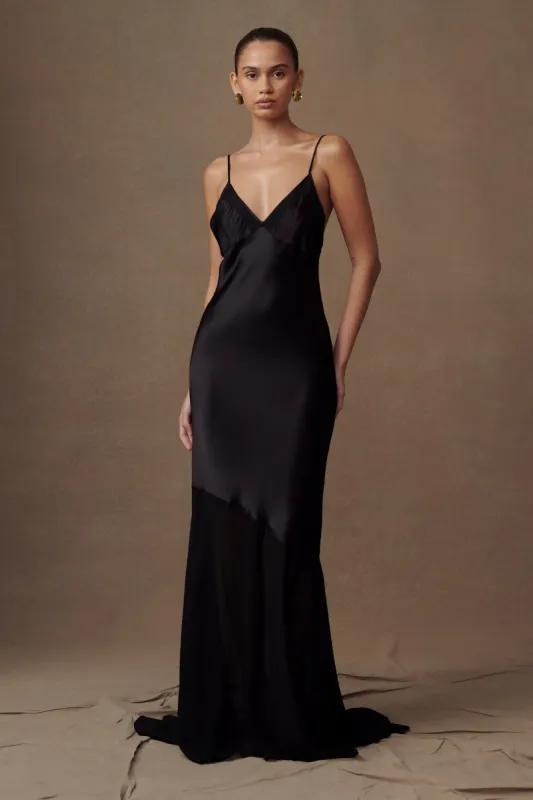 Evelyn Iridescent Satin Maxi Dress - Black sold by Meshki