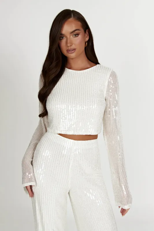 Diaz Long Sleeve Sequin Top - White sold by Meshki