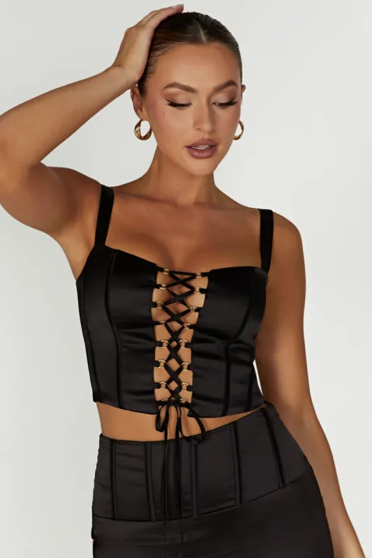 Scarlet Satin Corset Top - Black sold by Meshki