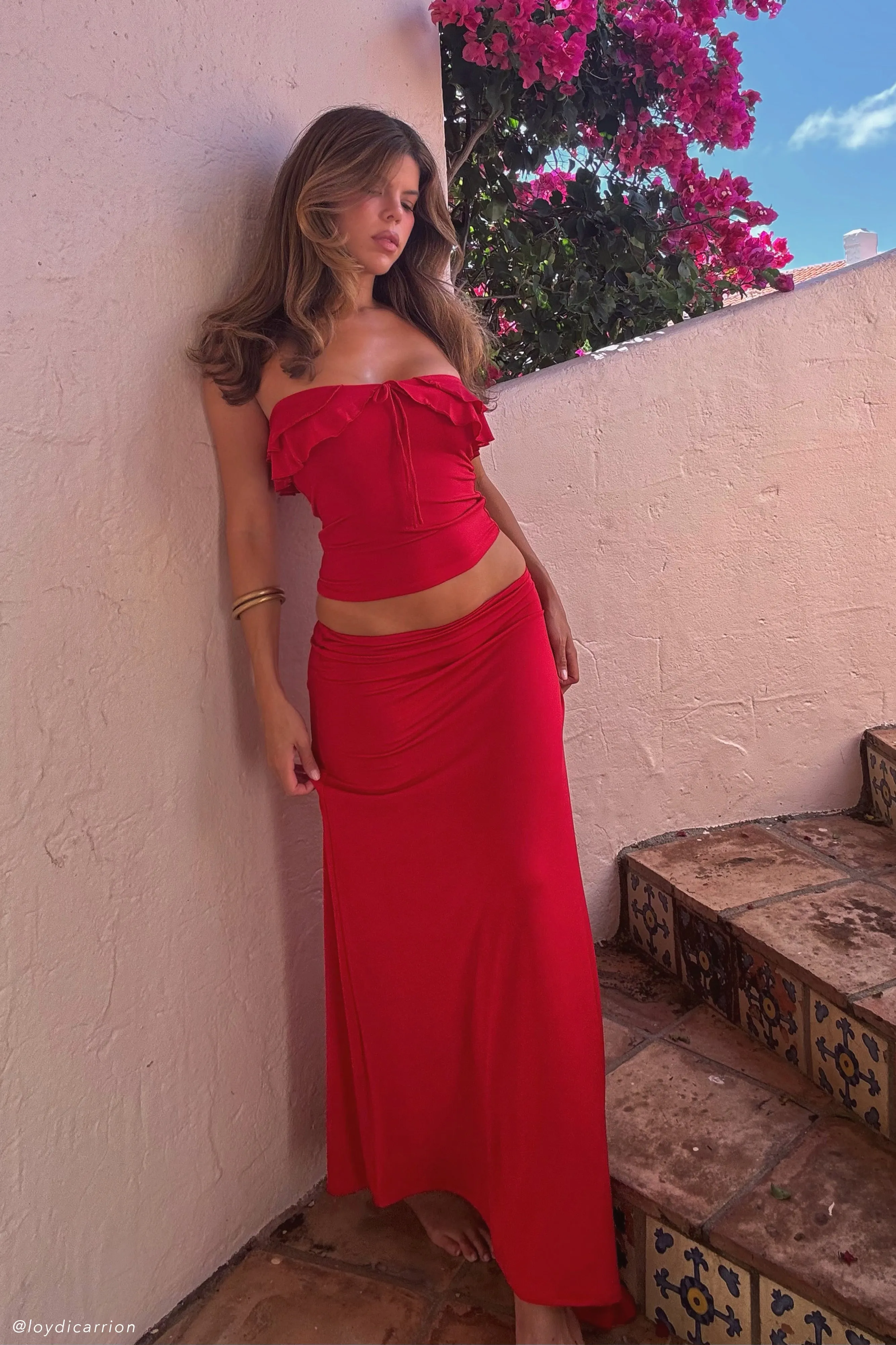 Bea Asymmetrical Slinky Maxi Skirt - Pomegranate sold by Meshki