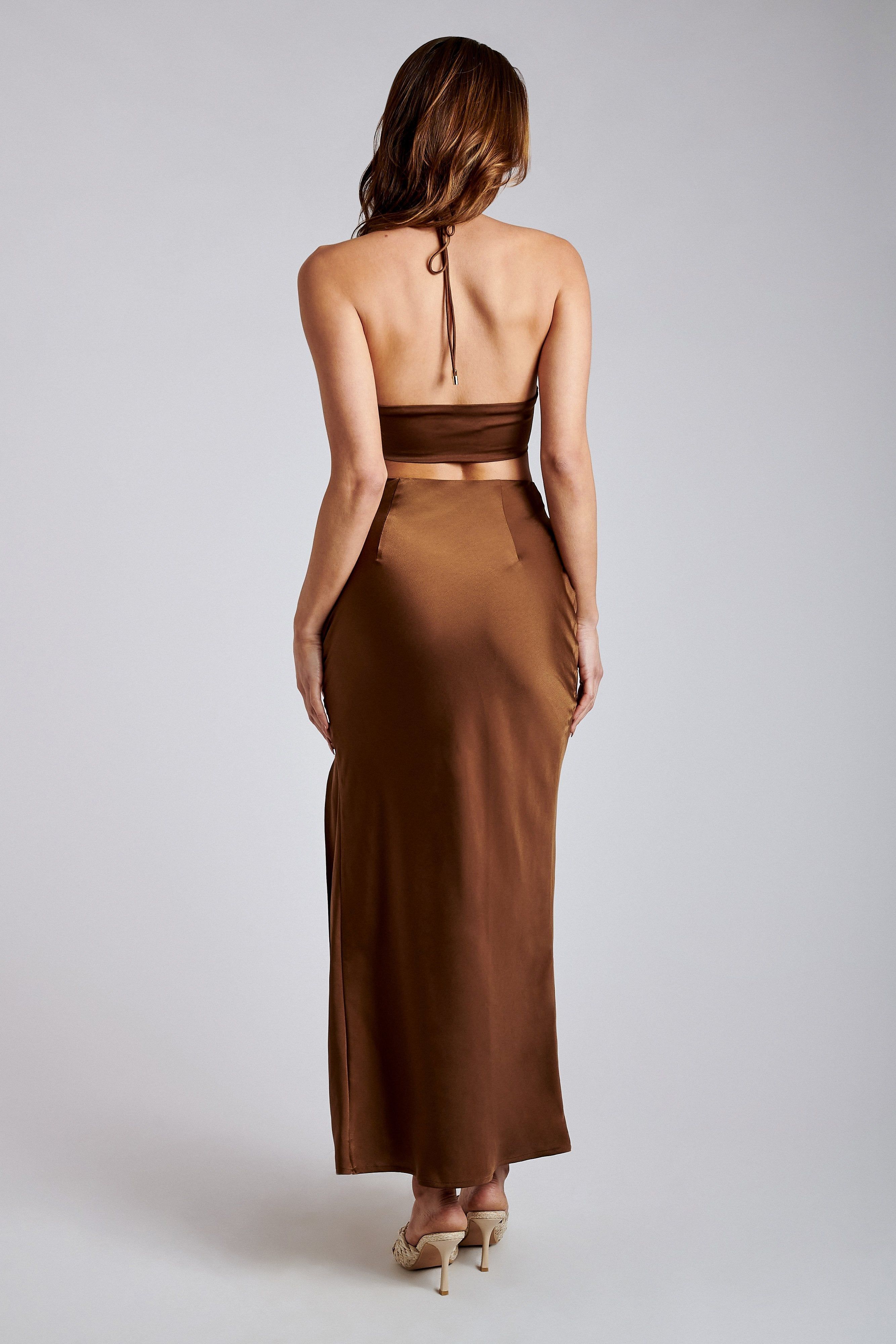 Kimia Satin Ruched Tie Crop Top - Chocolate sold by Meshki product image thumbnail 3