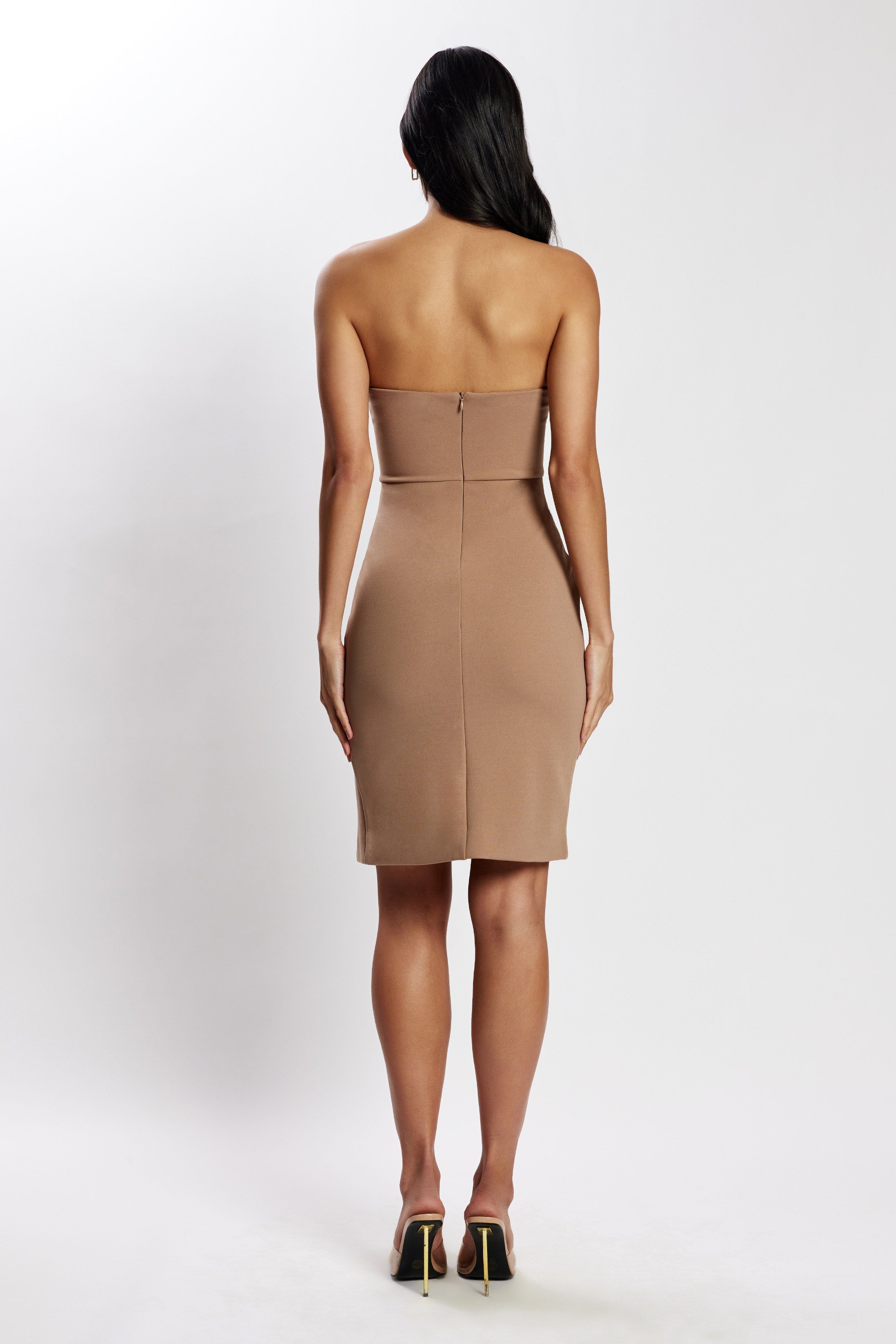Rachel Crepe Bandeau Thigh Split Mini Dress - Taupe sold by Meshki product image thumbnail 2