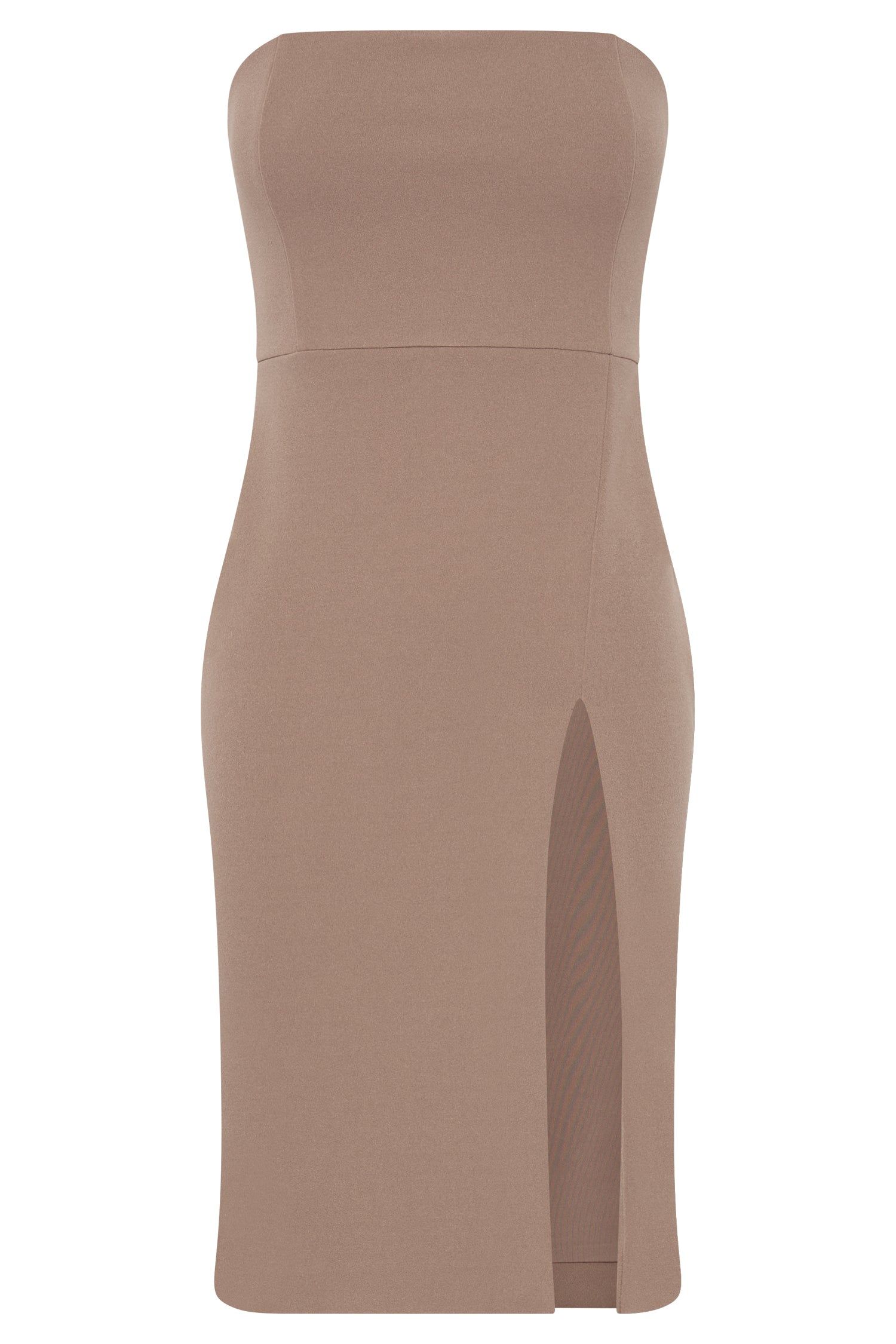 Rachel Crepe Bandeau Thigh Split Mini Dress - Taupe sold by Meshki product image thumbnail 6