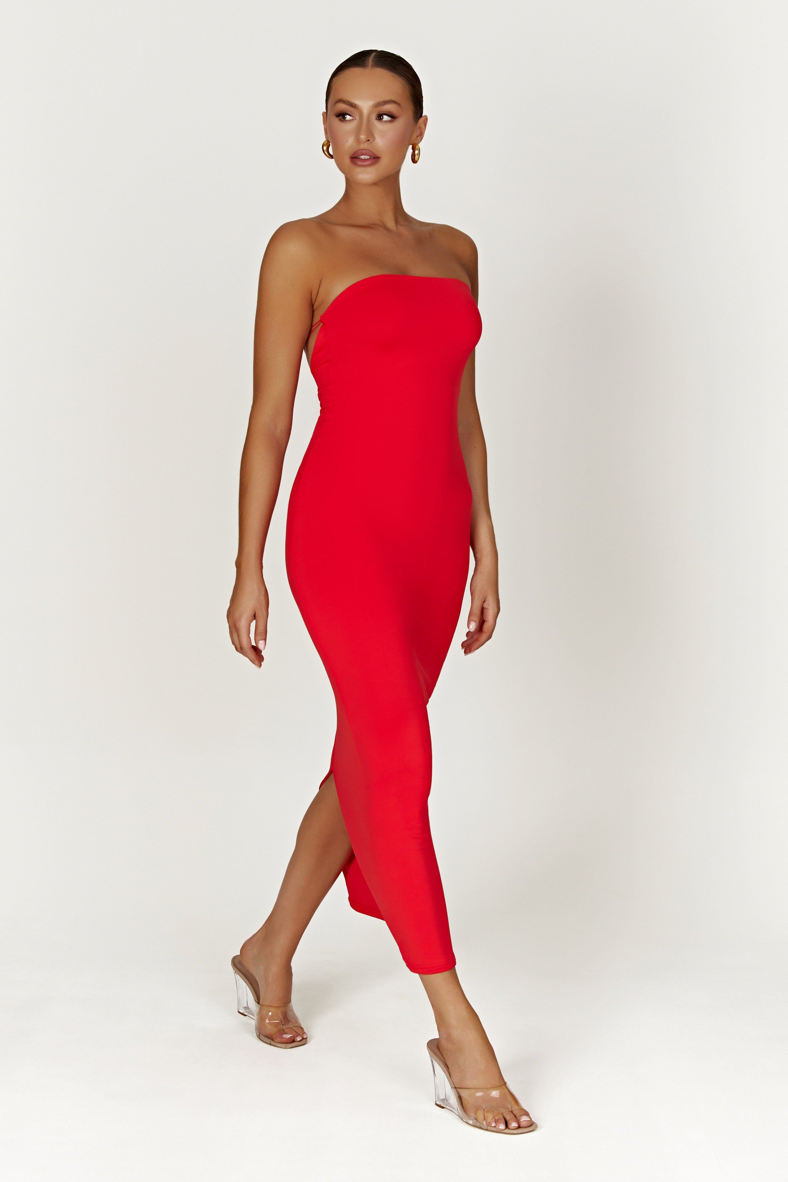 Vivian Recycled Nylon Strapless Tie Up Maxi Dress - Red sold by Meshki product image thumbnail 4