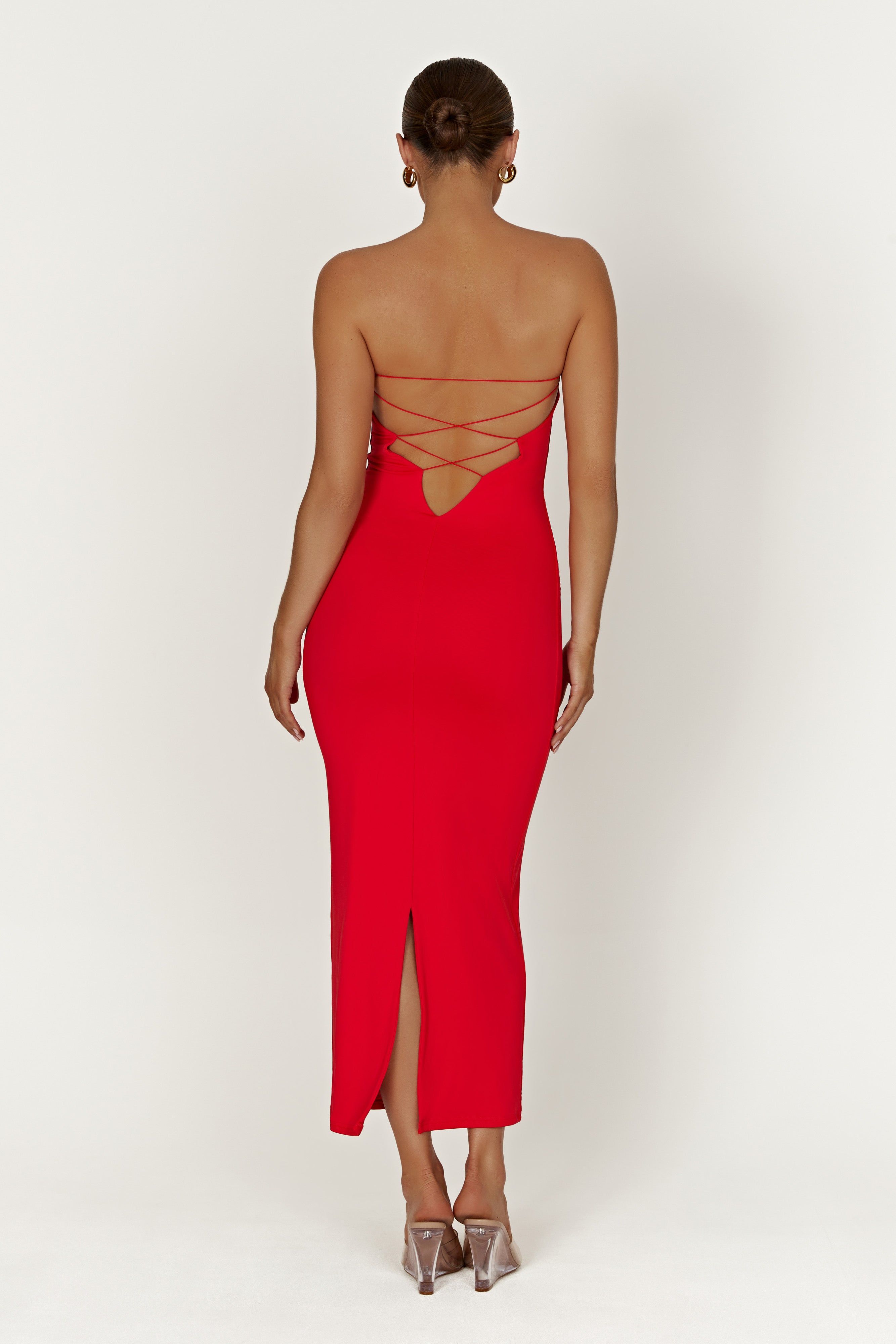 Vivian Recycled Nylon Strapless Tie Up Maxi Dress - Red sold by Meshki