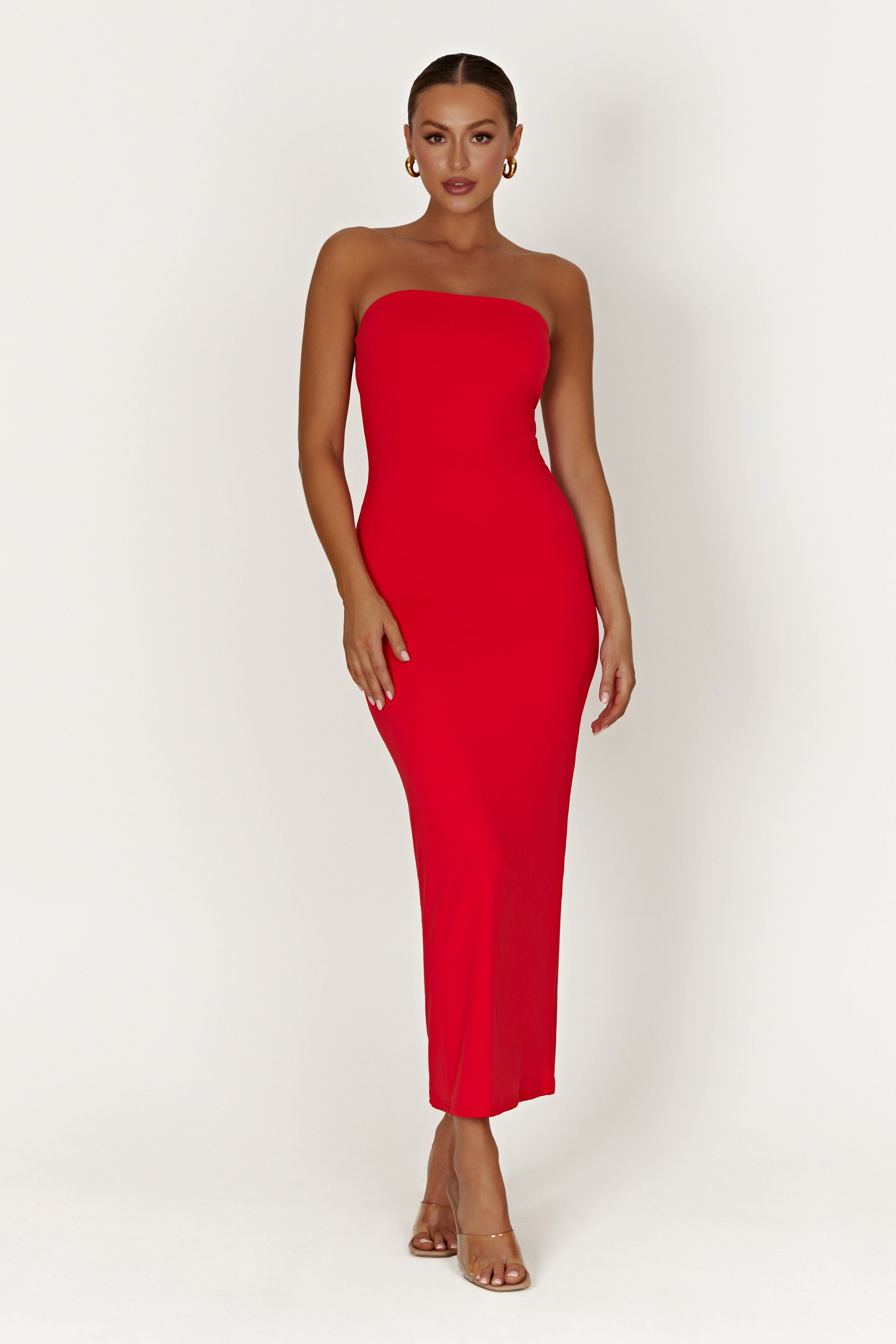 Vivian Recycled Nylon Strapless Tie Up Maxi Dress - Red sold by Meshki product image thumbnail 2