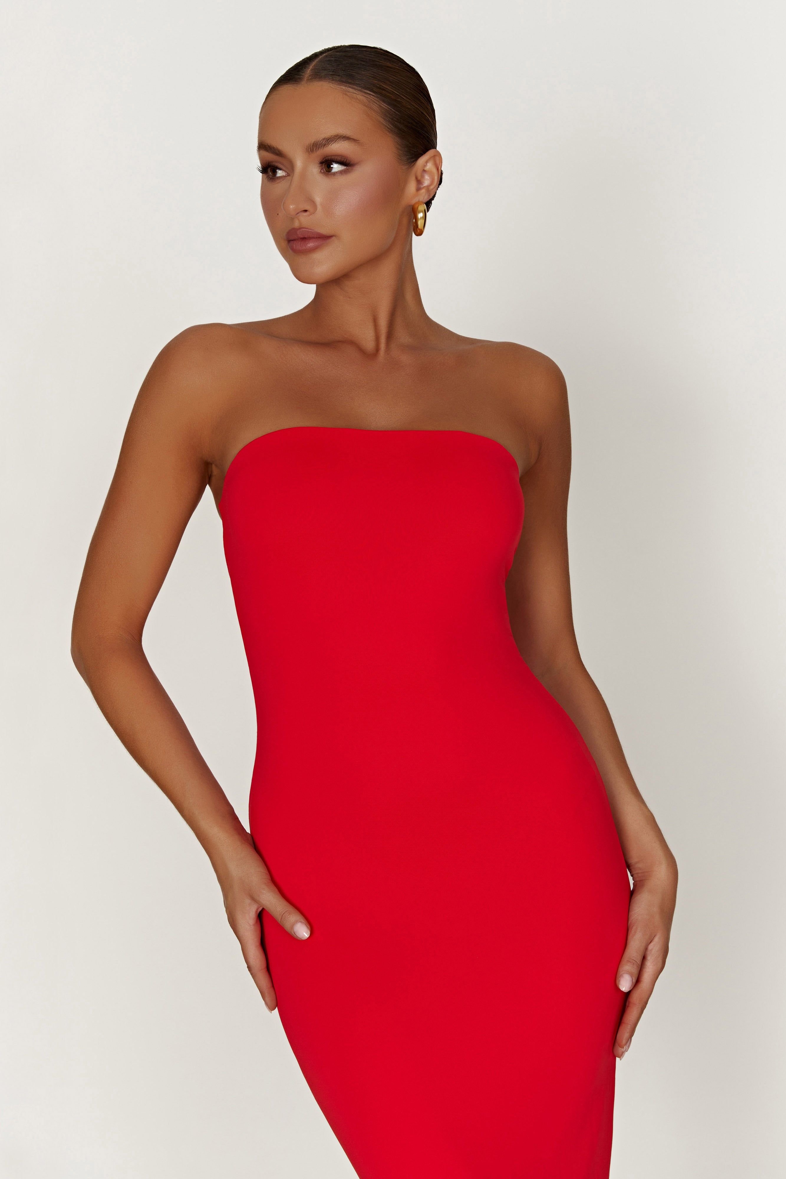 Vivian Recycled Nylon Strapless Tie Up Maxi Dress - Red sold by Meshki product image thumbnail 3