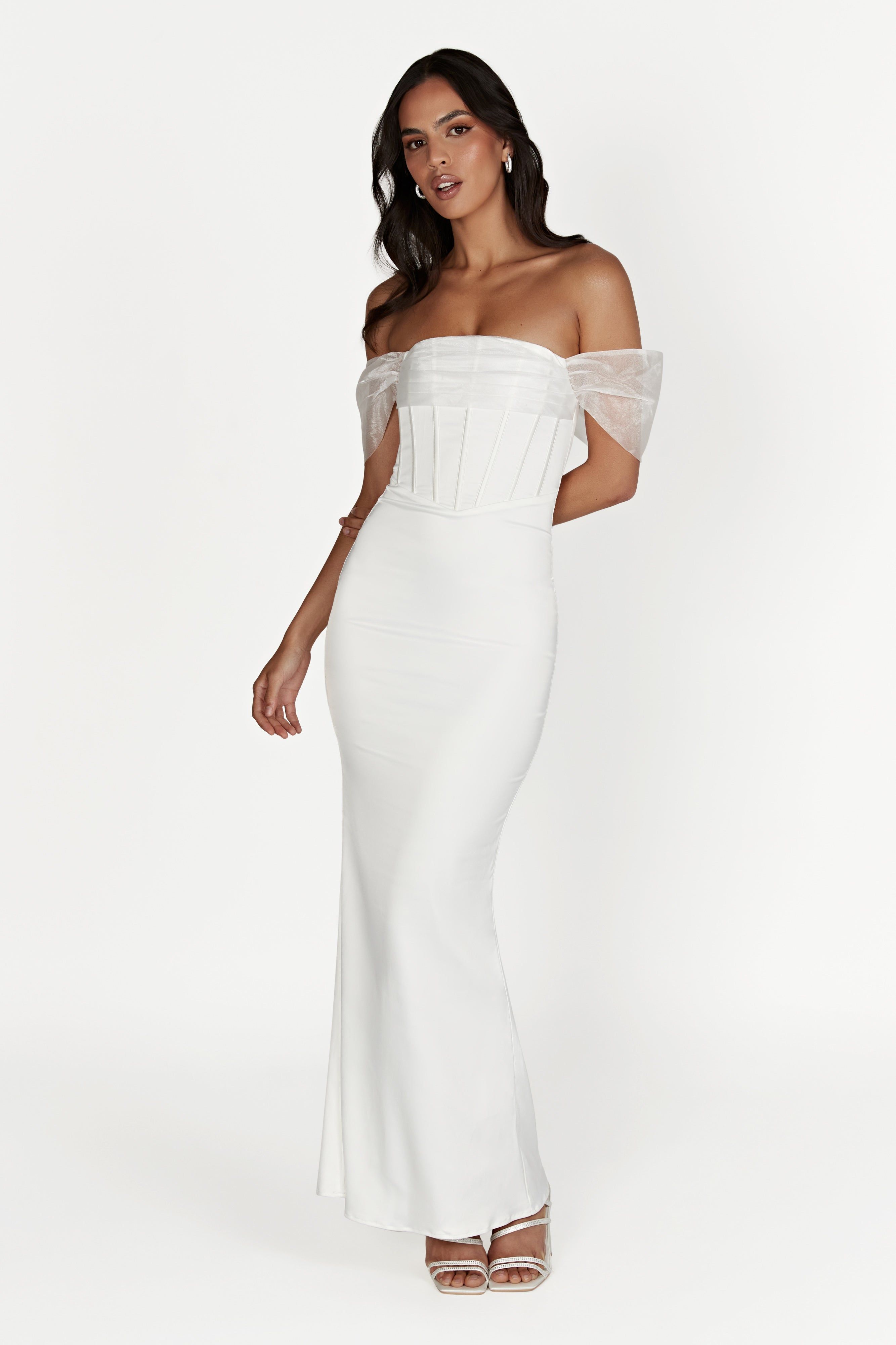 Everly Off Shoulder Organza Satin Maxi Dress - White sold by Meshki