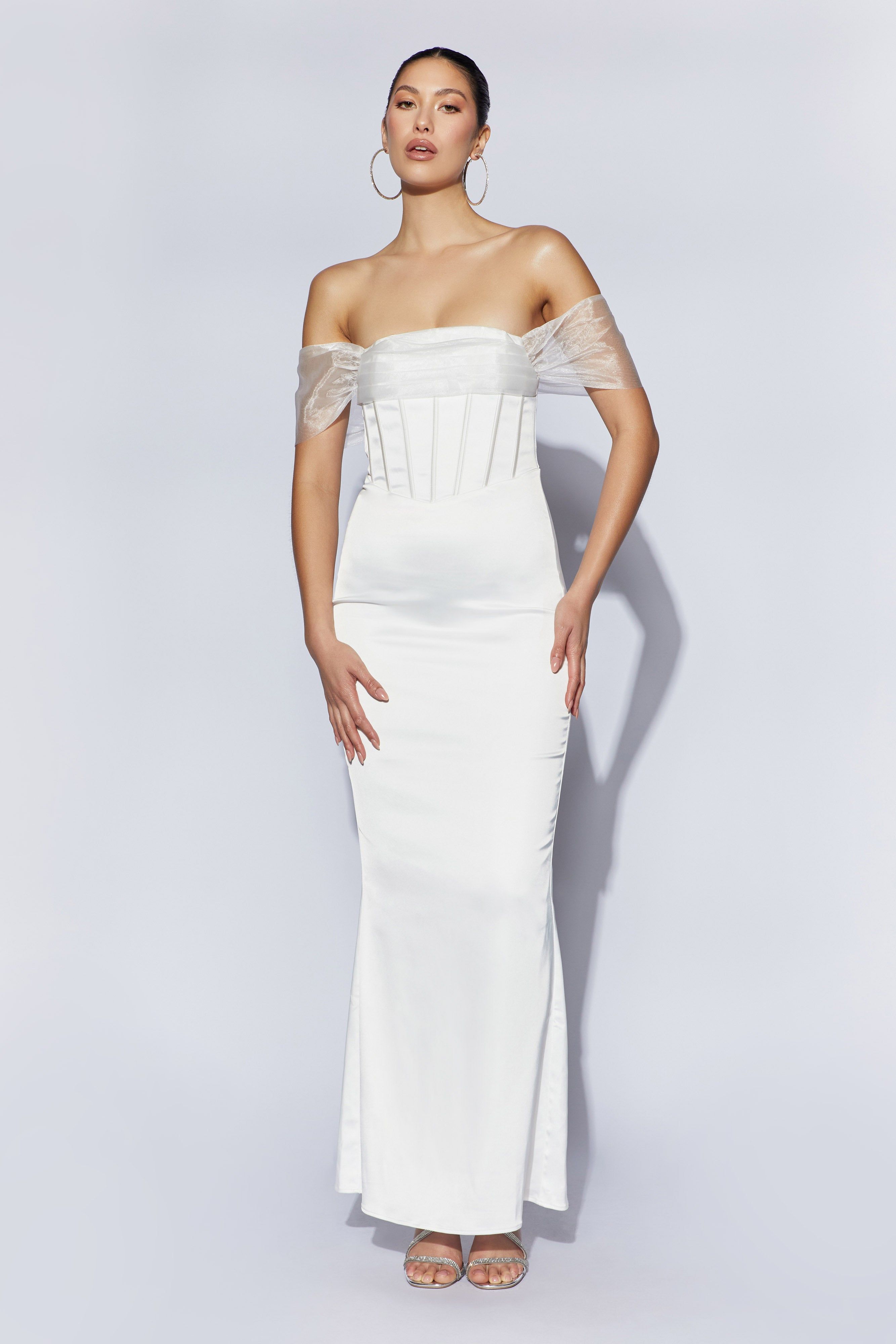 Everly Off Shoulder Organza Satin Maxi Dress - White sold by Meshki product image thumbnail 6