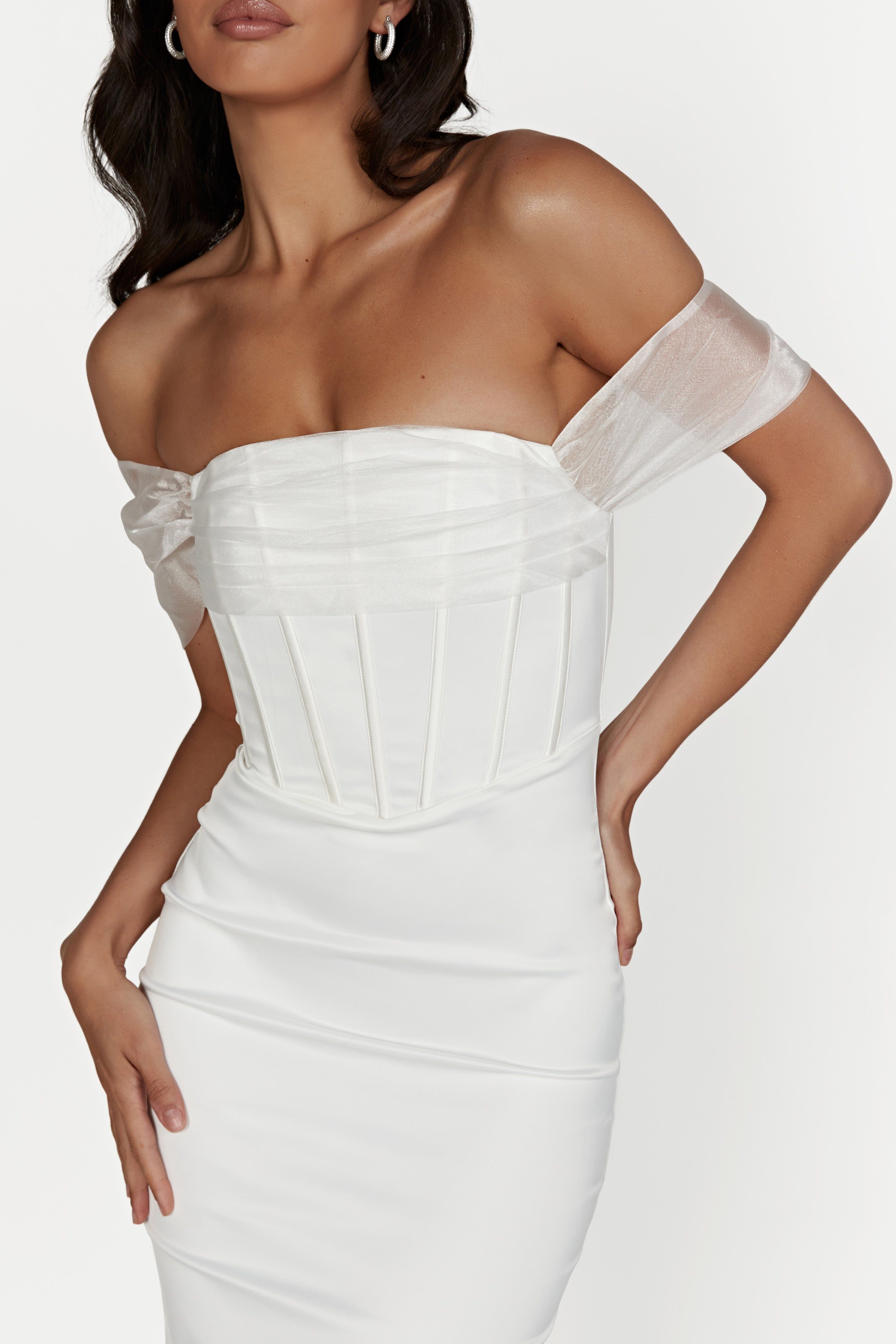 Everly Off Shoulder Organza Satin Maxi Dress - White sold by Meshki product image thumbnail 3