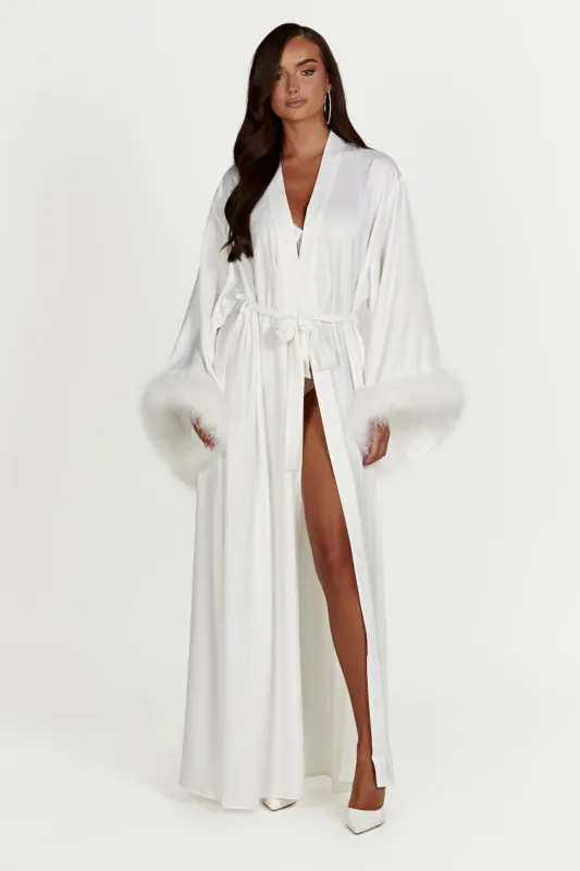 Amalia Satin Feather Trim Robe - White made by Meshki