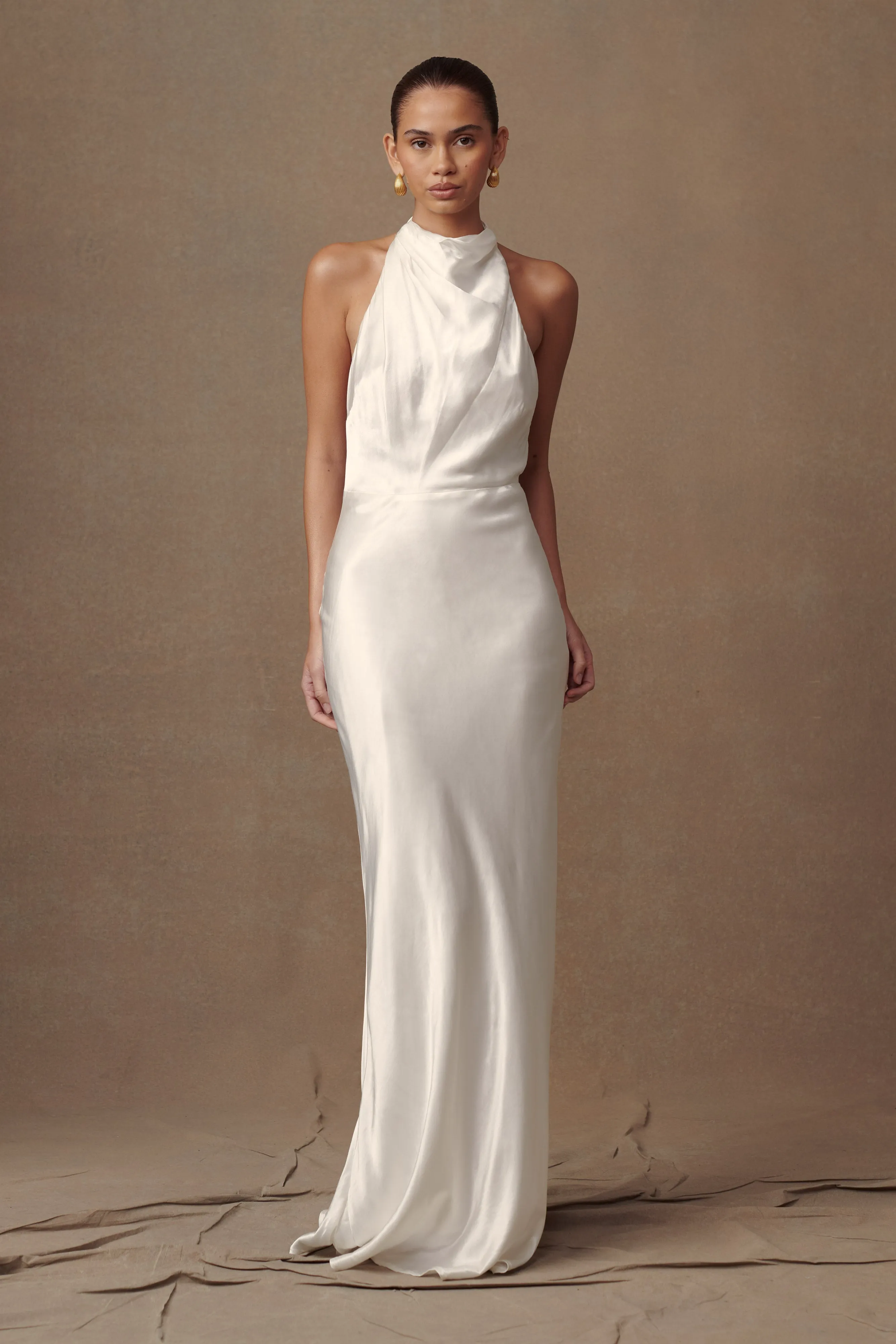 Esther Iridescent Satin Cowl Maxi Dress - Ivory sold by Meshki