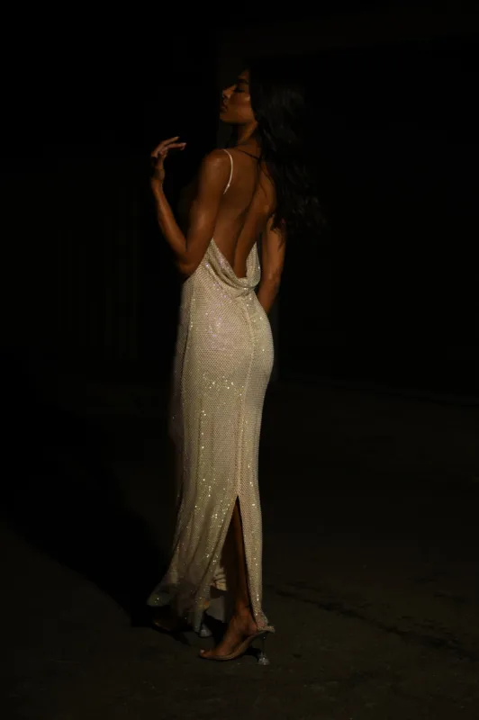 Madelaine Diamante Mesh Cowl Maxi Dress - Cream sold by Meshki