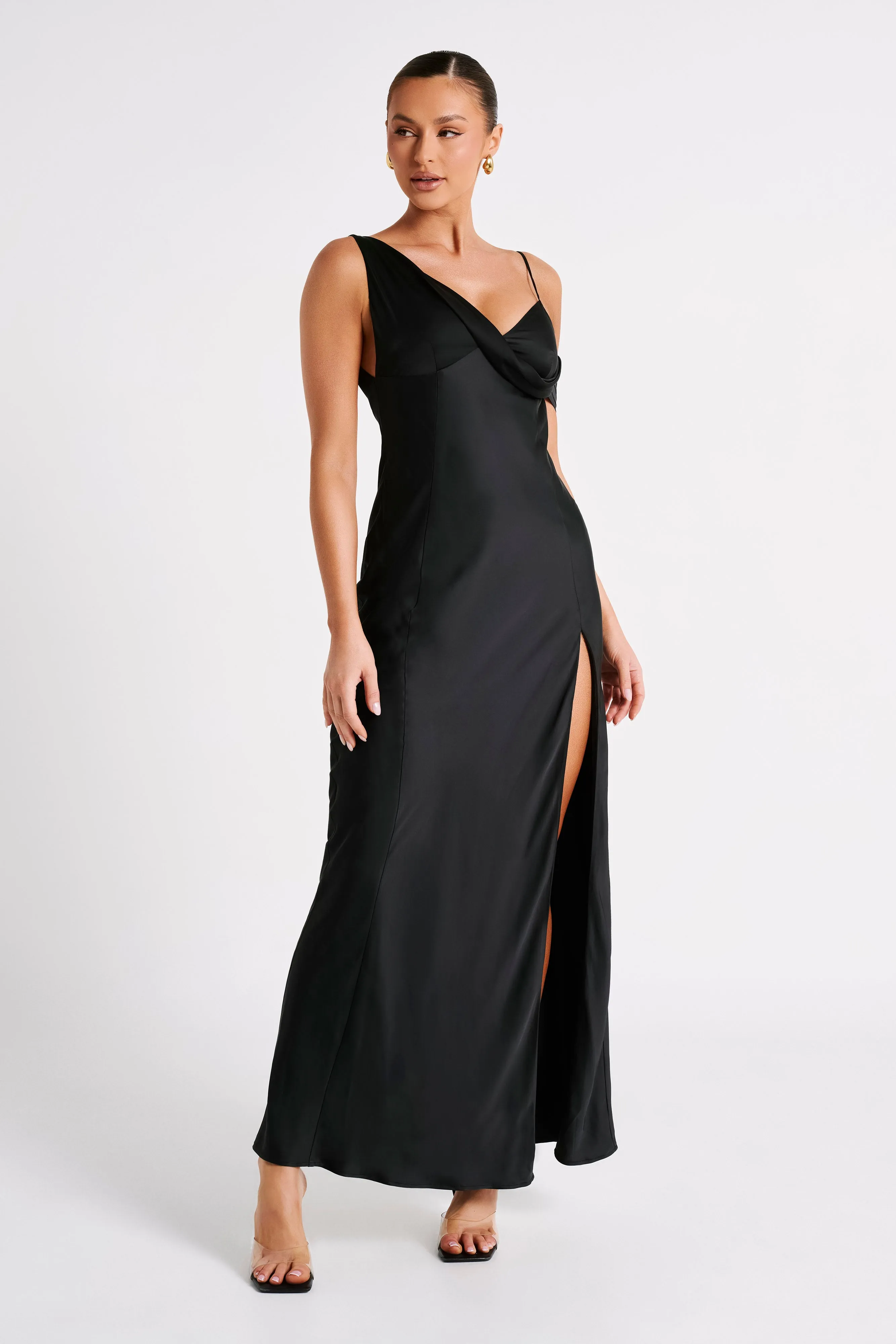 Soleil Satin Off Shoulder Maxi Dress - Black sold by Meshki product image thumbnail 5