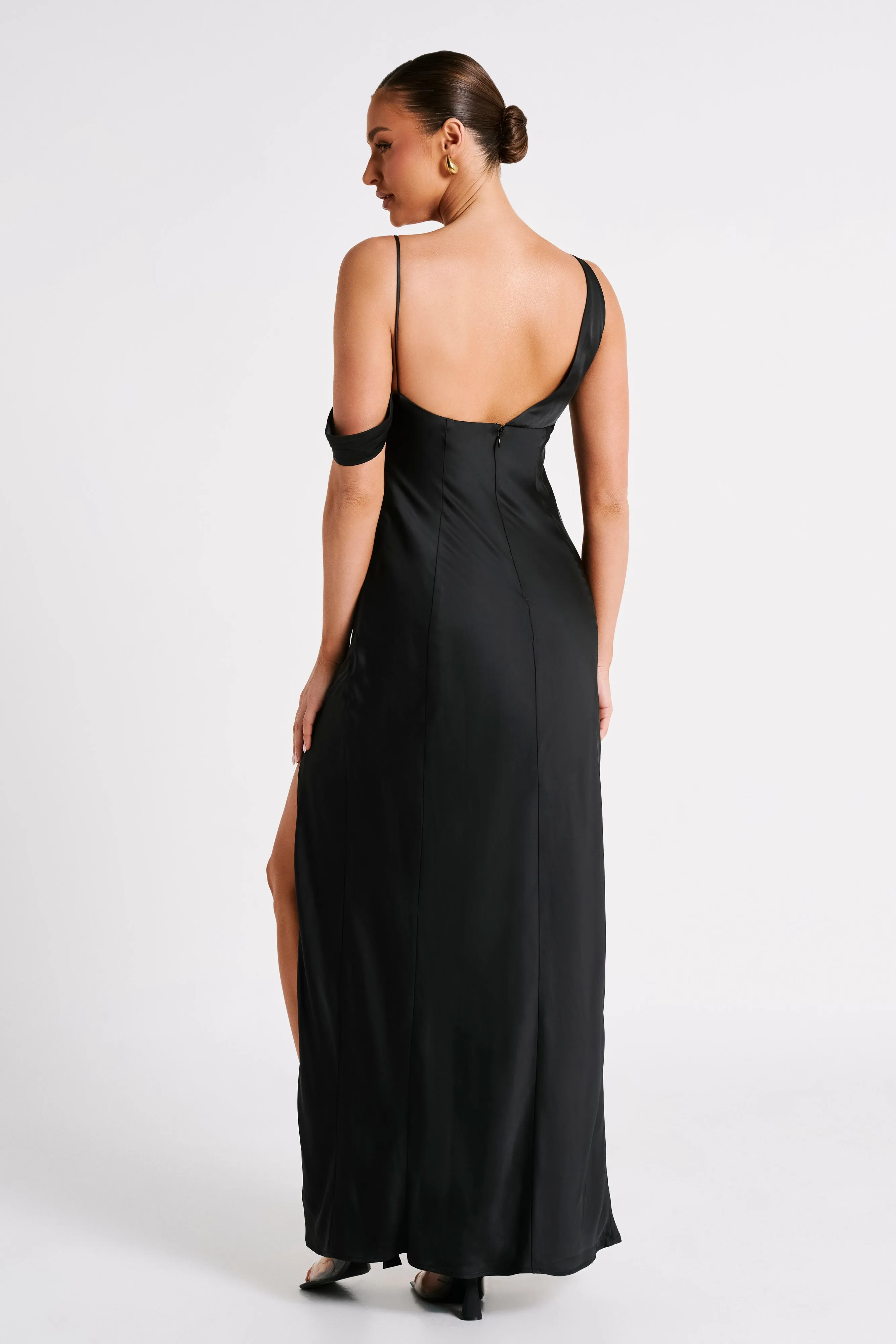 Soleil Satin Off Shoulder Maxi Dress - Black sold by Meshki product image thumbnail 3