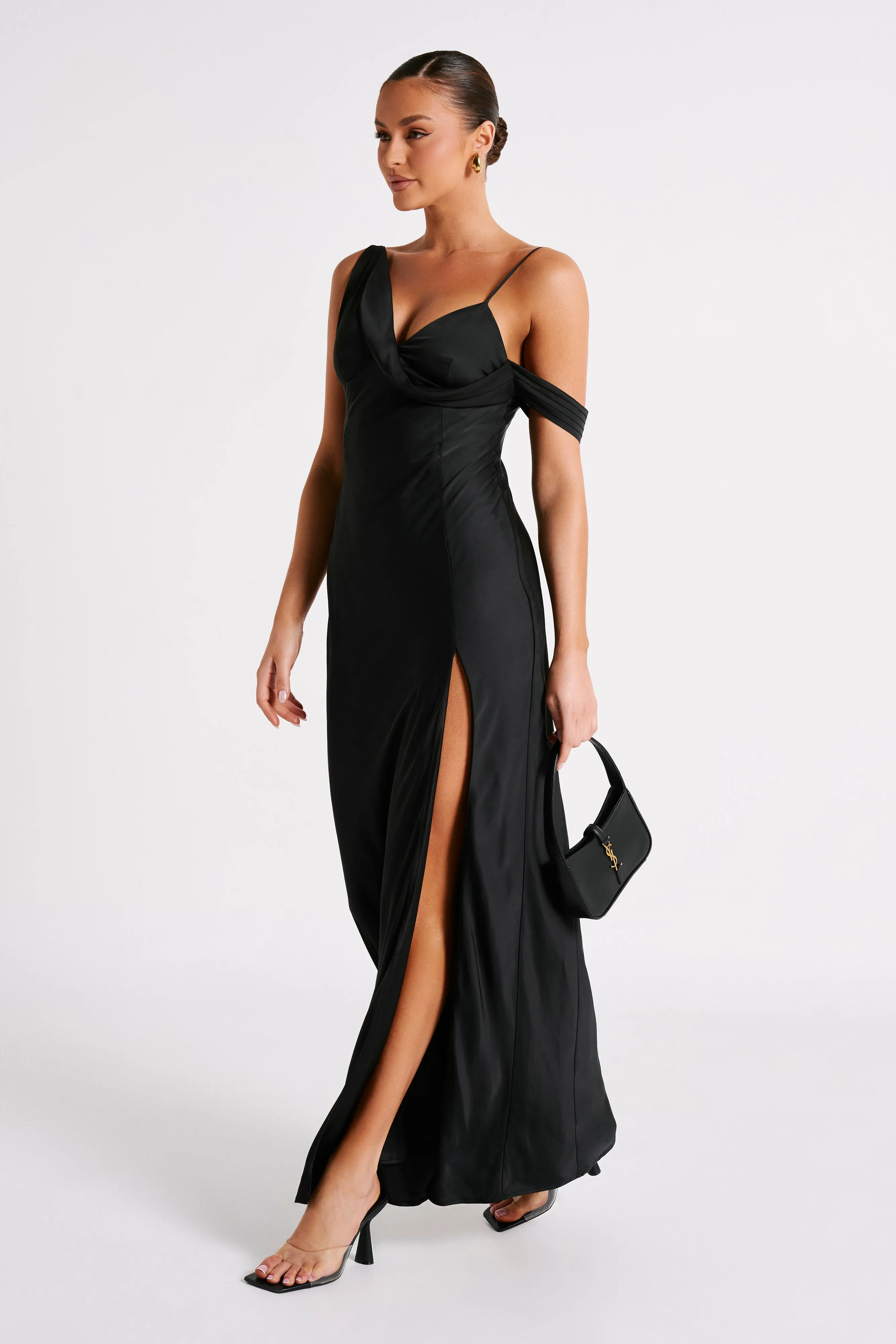 Soleil Satin Off Shoulder Maxi Dress - Black sold by Meshki product image thumbnail 4