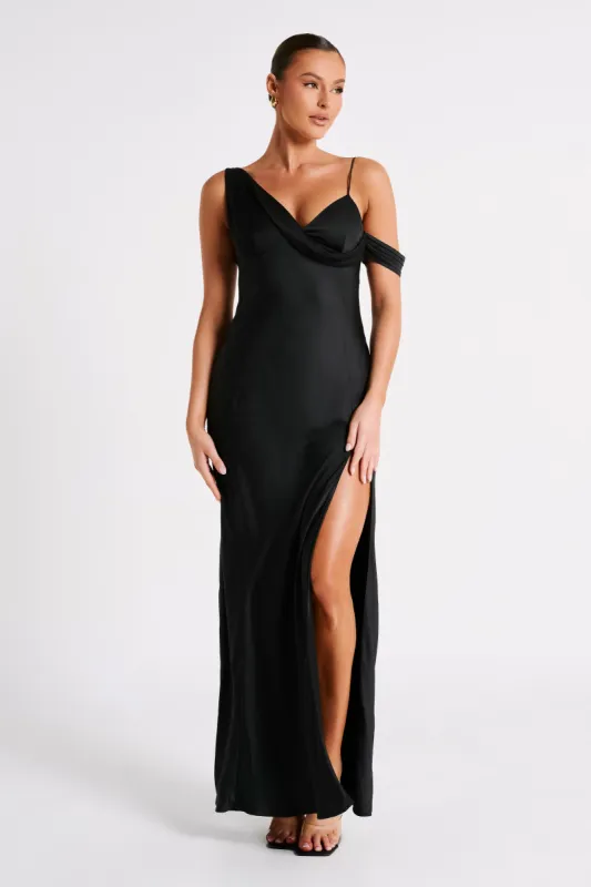 Soleil Satin Off Shoulder Maxi Dress - Black sold by Meshki
