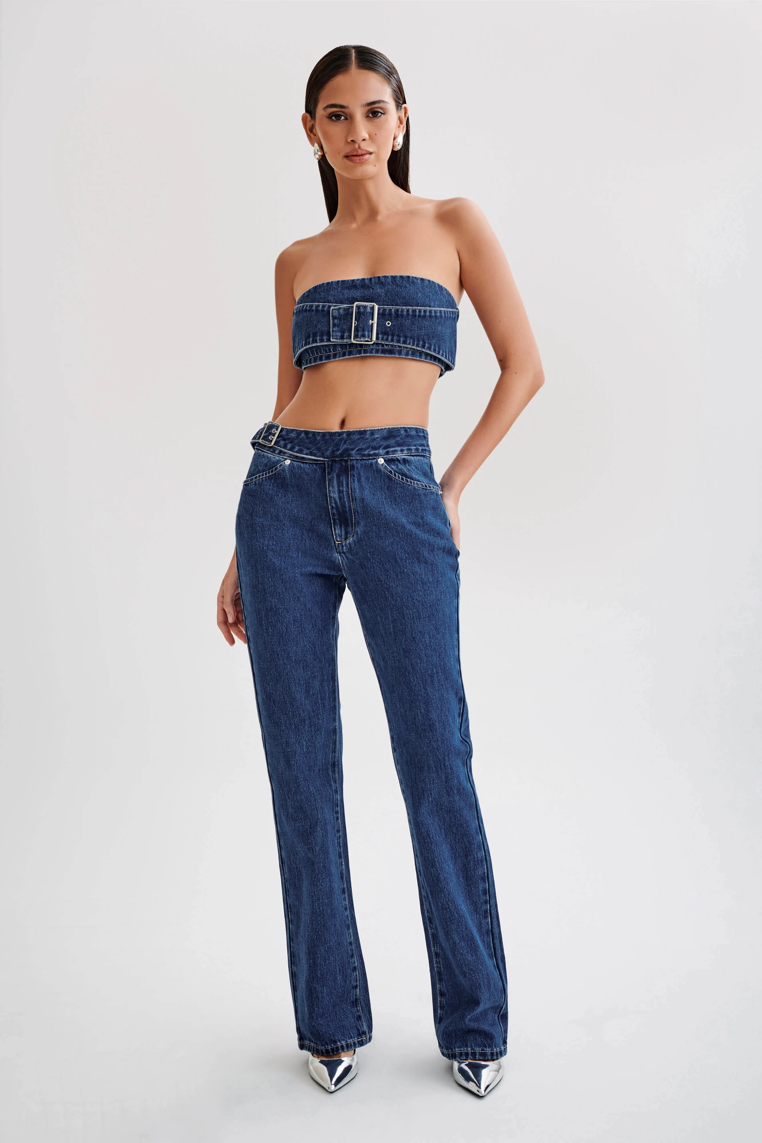 Romona Low Rise Buckle Denim Jean - Dark Blue sold by Meshki