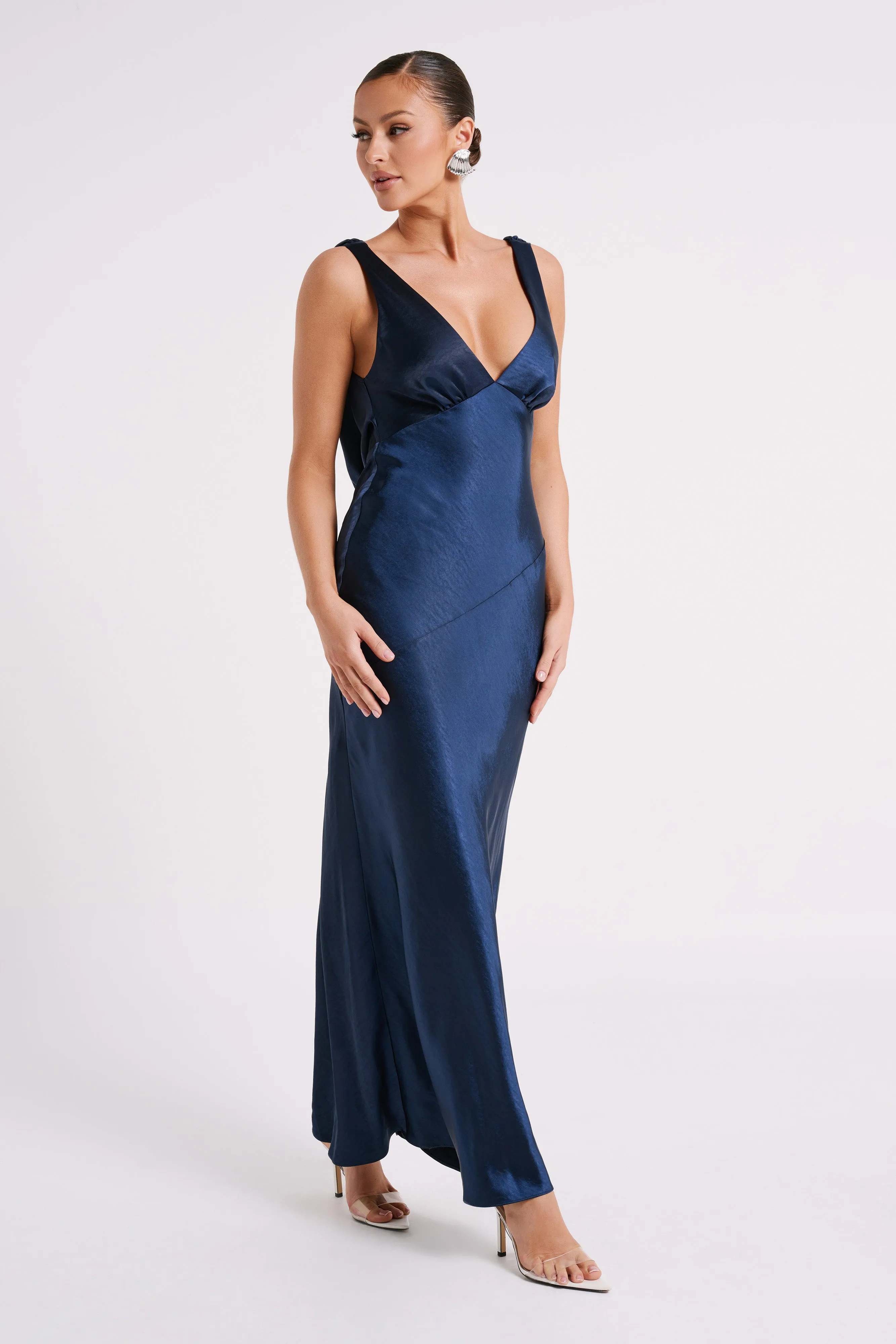 Nadia Maxi Satin Dress With Back Cowl - Navy sold by Meshki product image thumbnail 5