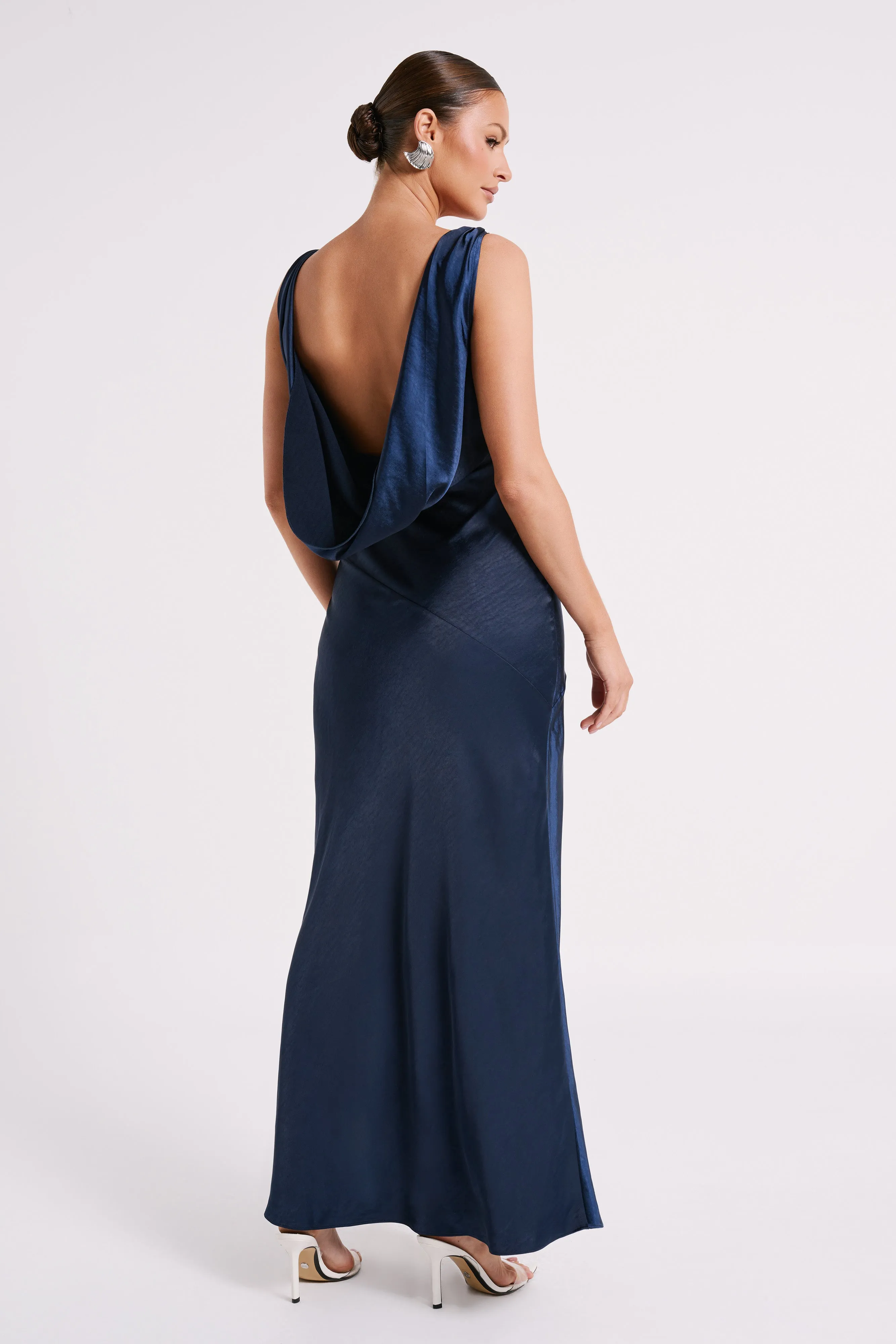 Nadia Maxi Satin Dress With Back Cowl - Navy sold by Meshki product image thumbnail 2