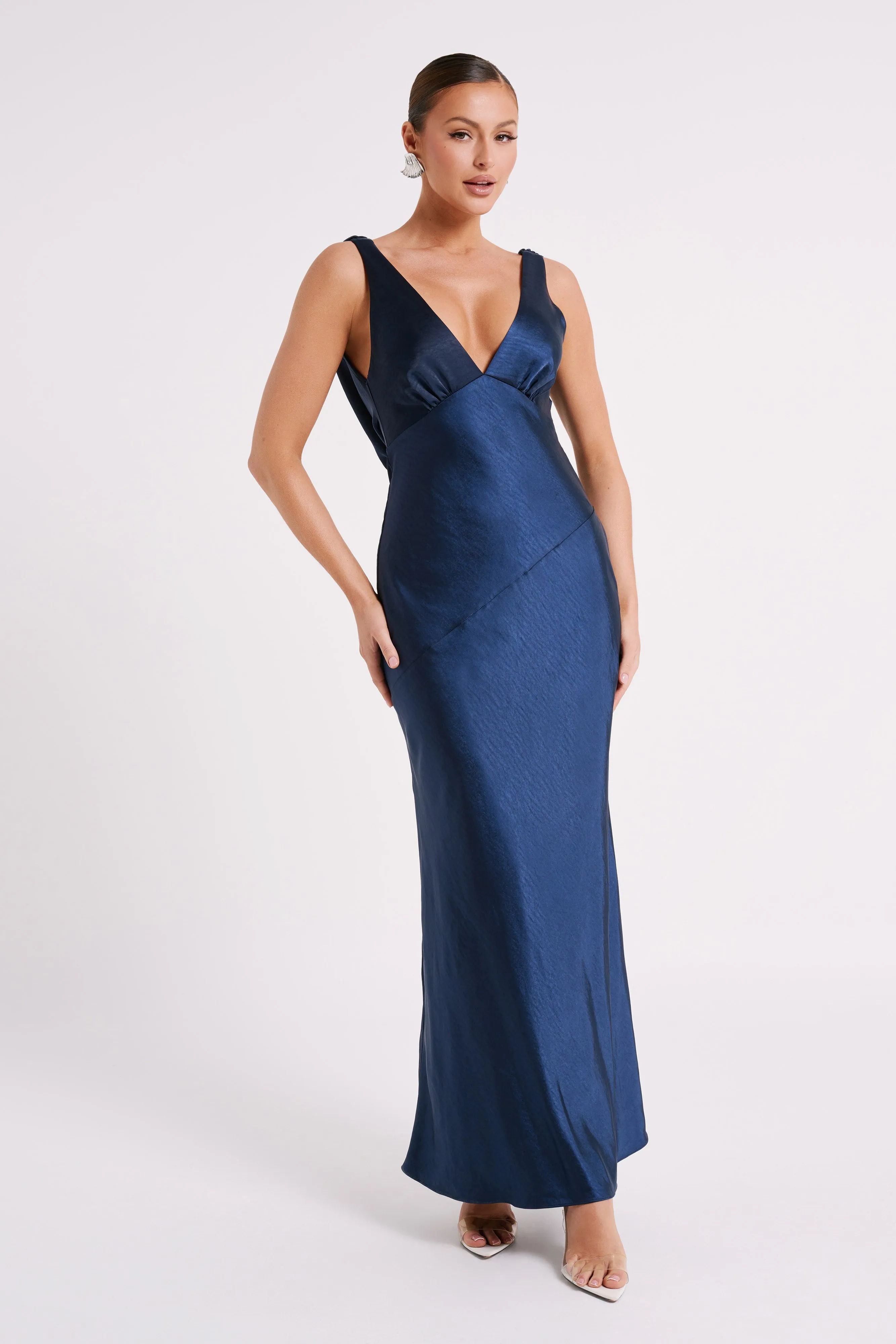 Nadia Maxi Satin Dress With Back Cowl - Navy sold by Meshki product image thumbnail 4