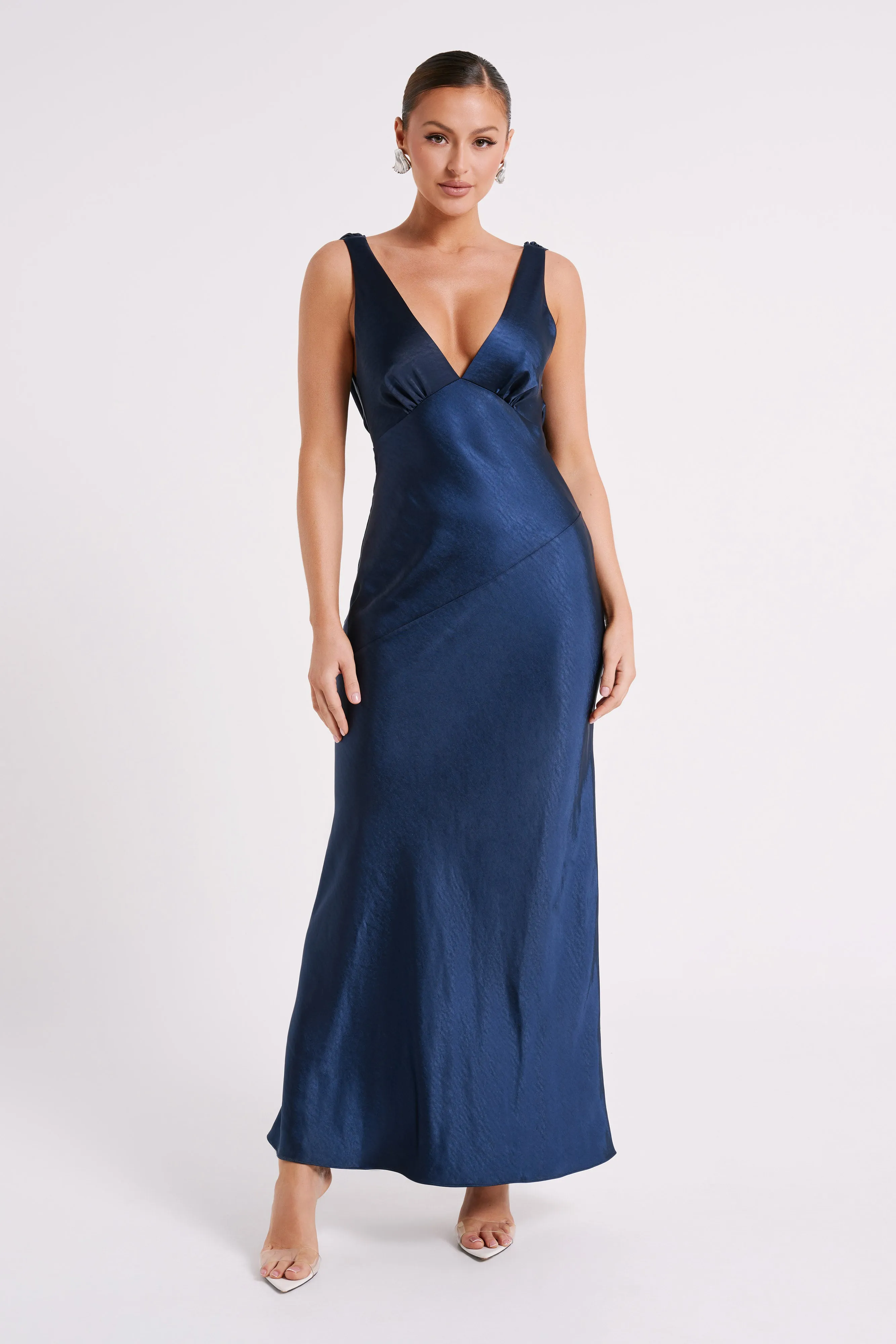 Nadia Maxi Satin Dress With Back Cowl - Navy sold by Meshki