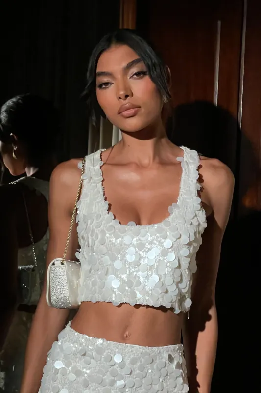 Maude Transparent Sequin Racer Crop Top - Ivory made by Meshki