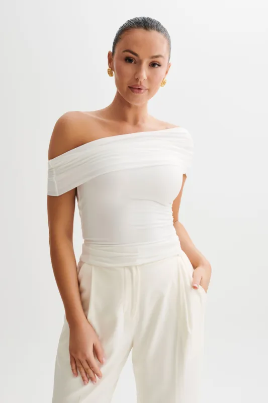 Cassandra Off Shoulder Slinky Top - White made by Meshki